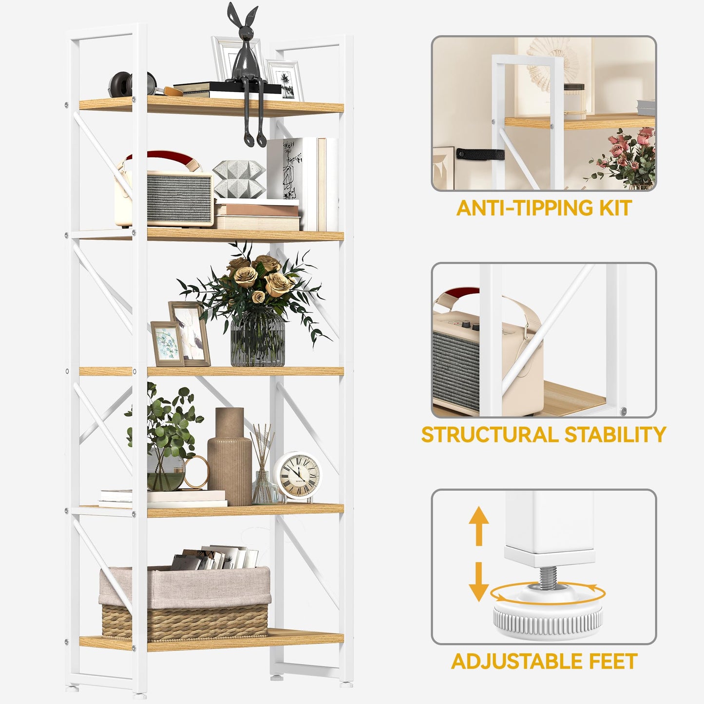 DWVO 5 Tiers Book Shelf, Wood and Metal Bookcase Storage Organizer, Industrial Bookshelf Tall Shelving Unit Display Rack for Living Room Kitchen