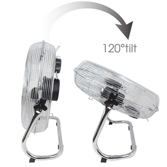 "Metal floor fan 12" High velocity chrome free stand fan cooling fan industrial fan 3 speed desk fan table fan sturdy housing high airflow powerful",