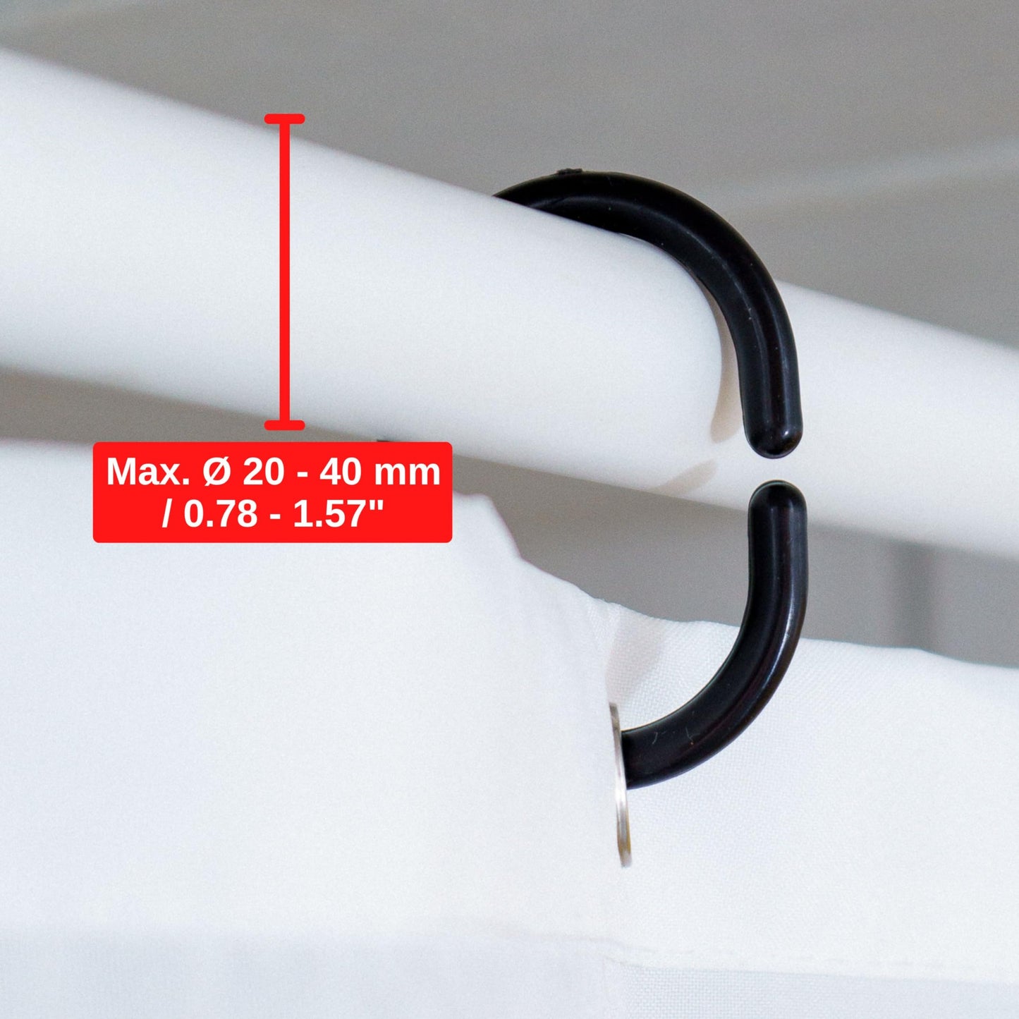 Shower Curtain Rings, 24 Pack, in Black, Inner Diameter 1.8 x 1.1", for Shower Curtain Rods, sturdy plastic shower rings, hooks for shower curtains