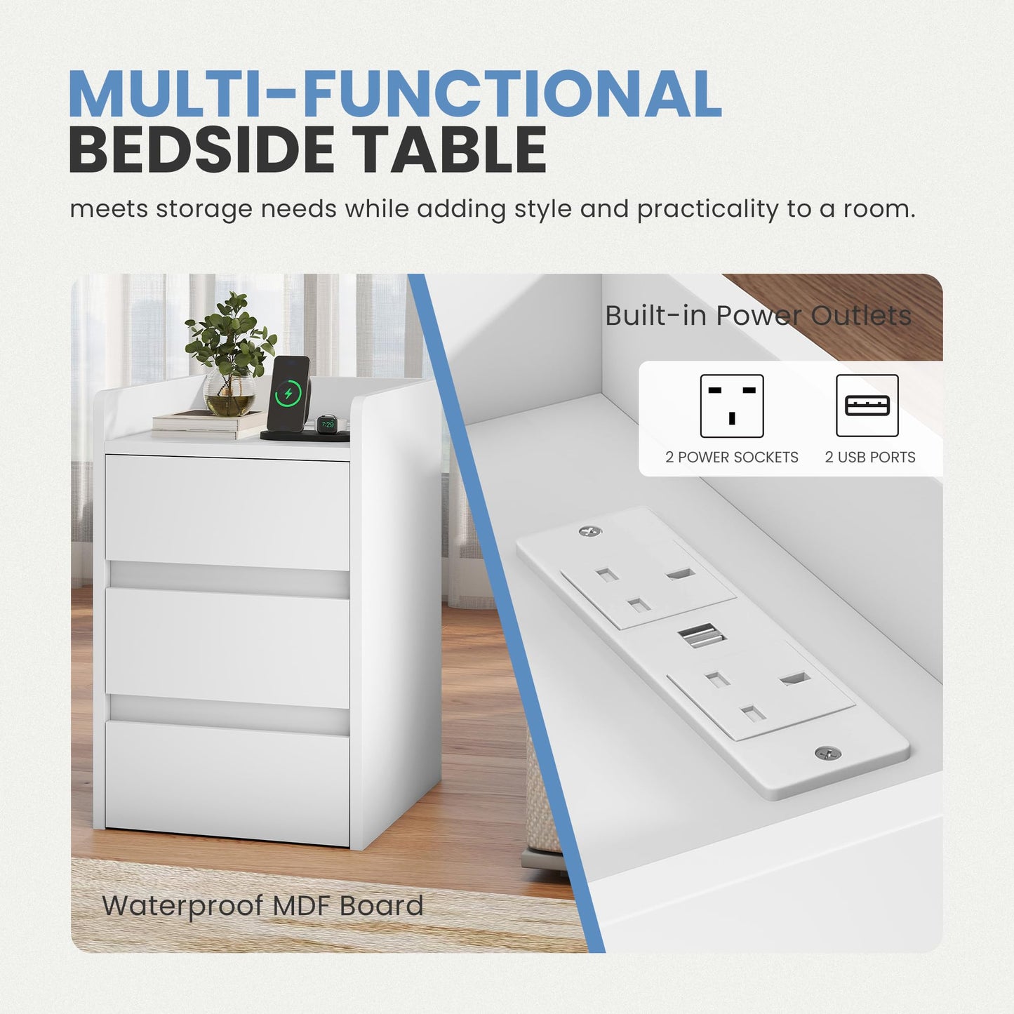 YITAHOME Bedside Table 3 Drawers Charging Station Nightstand 2 USB Ports