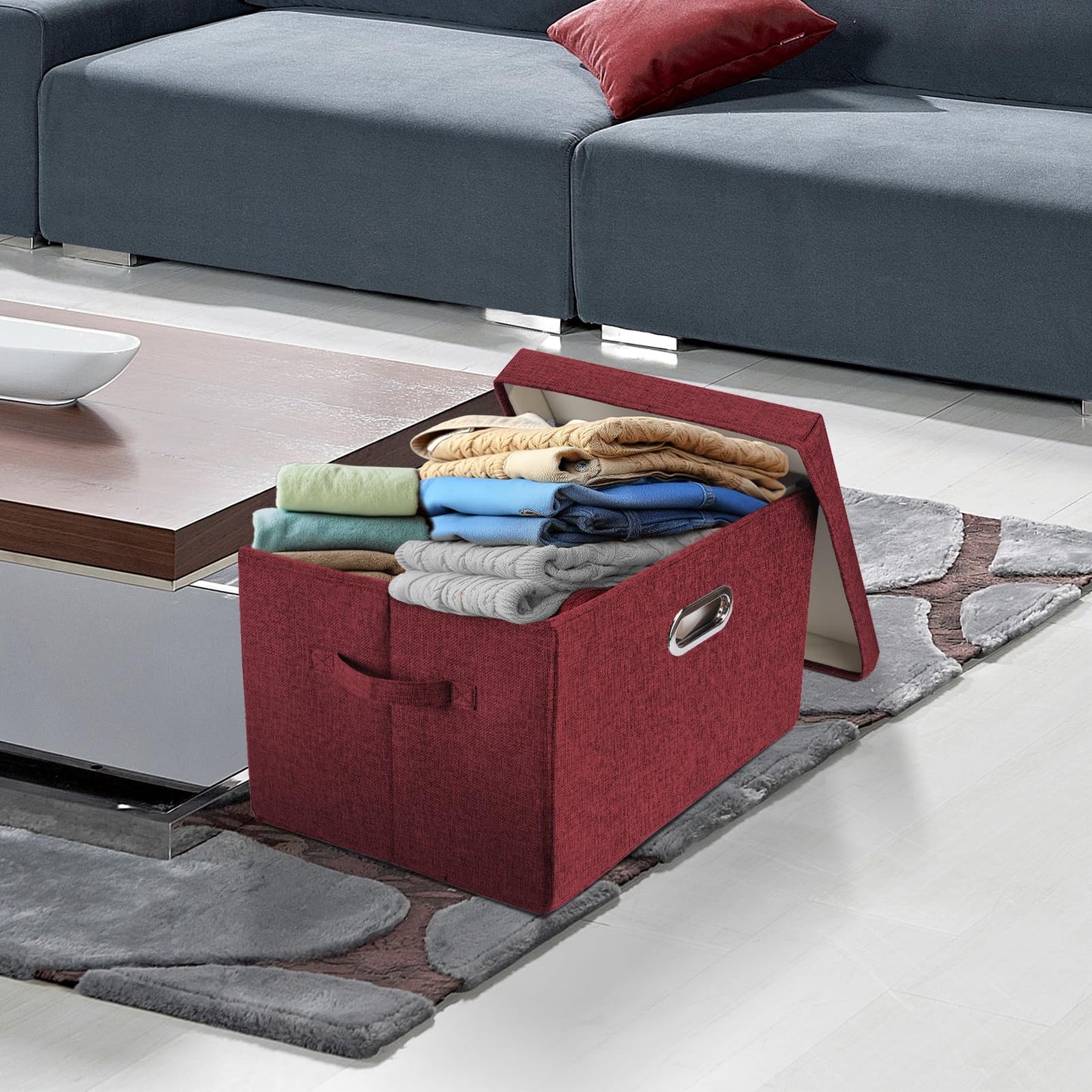 TYEERS Large Storage Box with Lid, Collapsible, Washable, Fabric Storage Box for Clothes, Wardrobe Storage, 44x30x29 cm, Set of 2, Red Wine