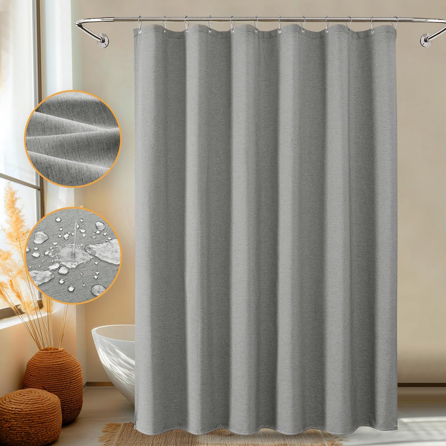 Bath Curtain, Anti-Blow Heavy-Duty Linen-Texture Fabric Shower Curtain, Extra Soft Double-layer waterproof Shower Curtains With Smart Function