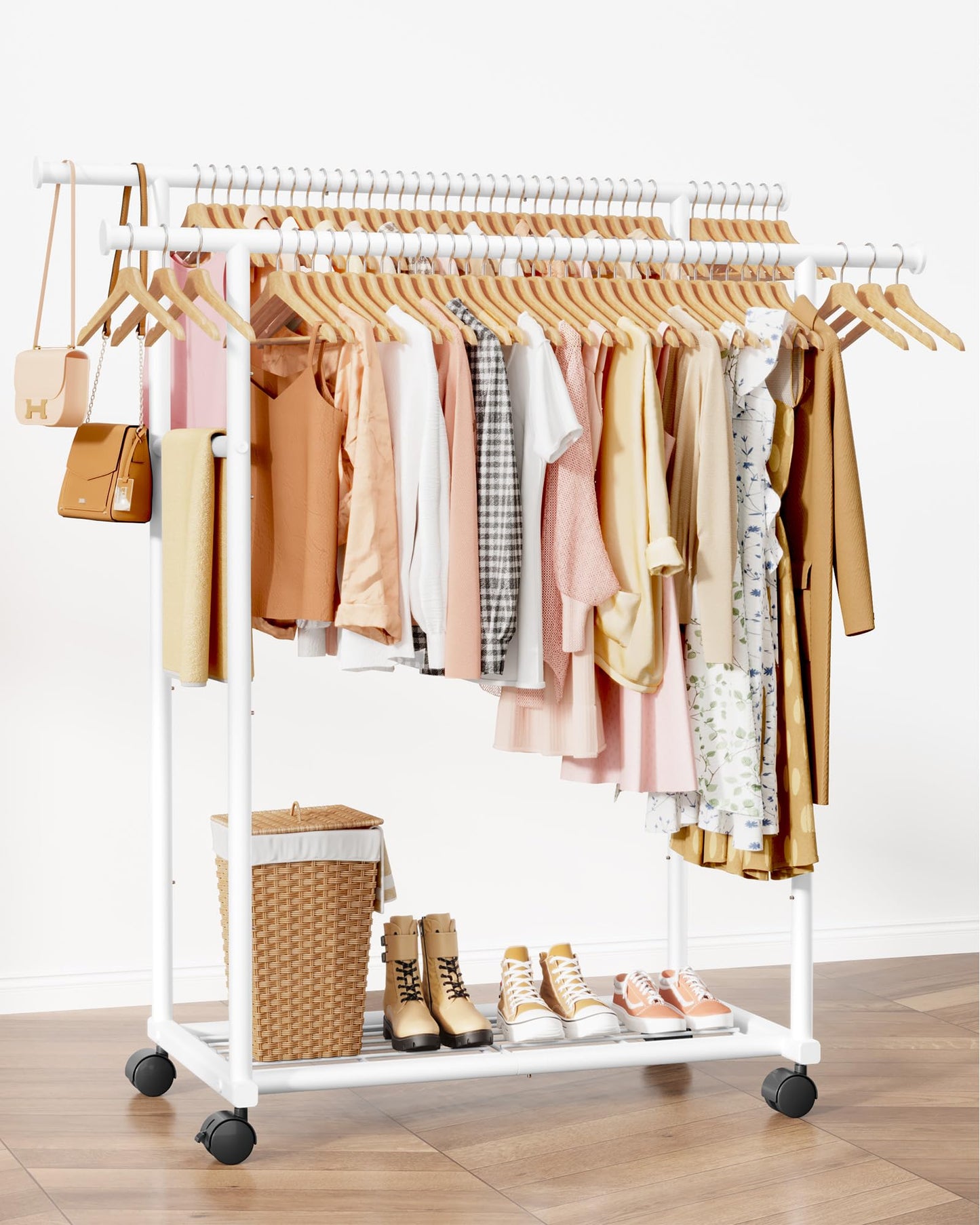 Sakugi Double Rod Clothing Rack with Shelf & Wheels, 98x42x150cm, White