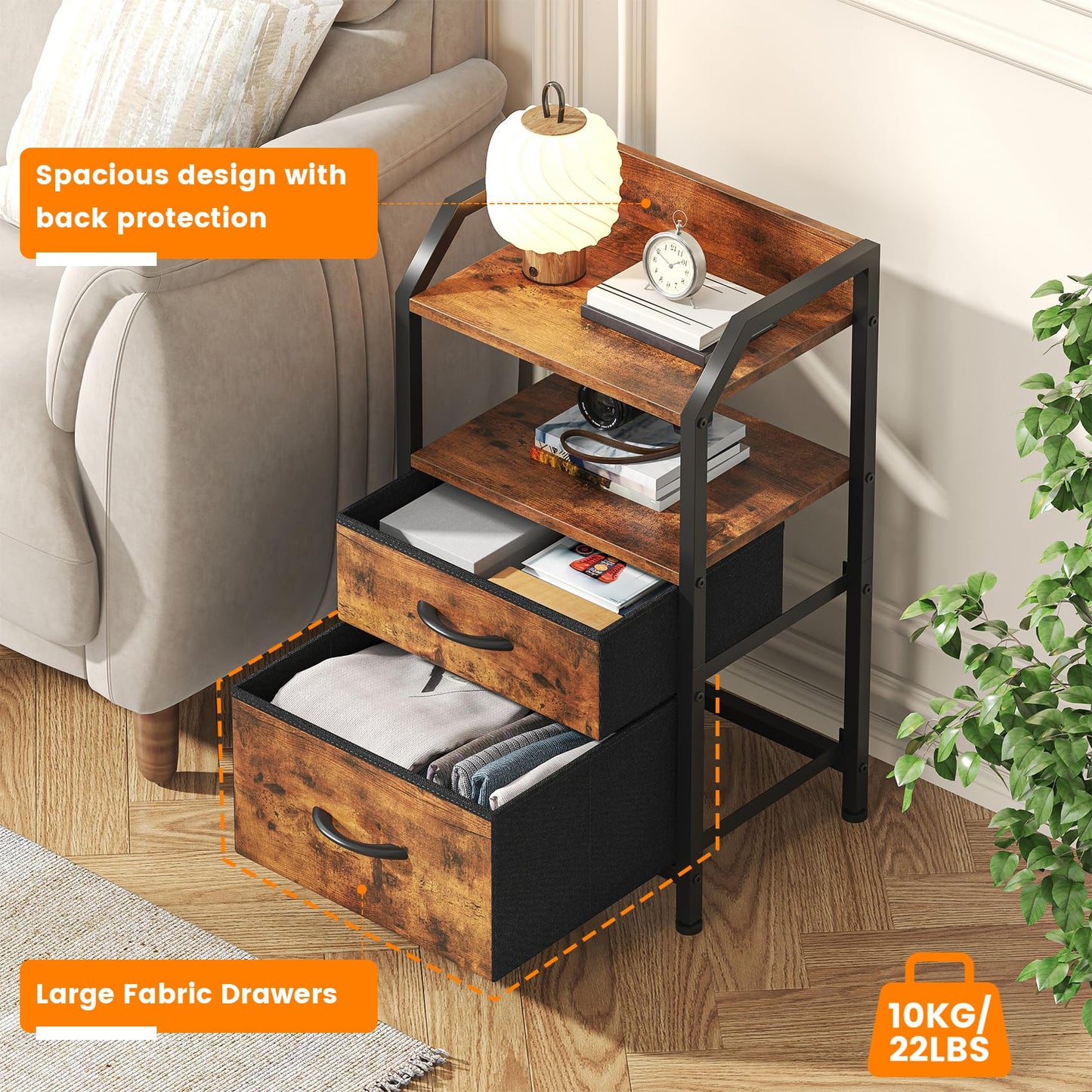 Feonase Bedside Table with 2 Fabric Drawers & Open Shelf - Sturdy Metal Frame Nightstand, Compact End Table for Bedroom, Living Room, Small Spaces