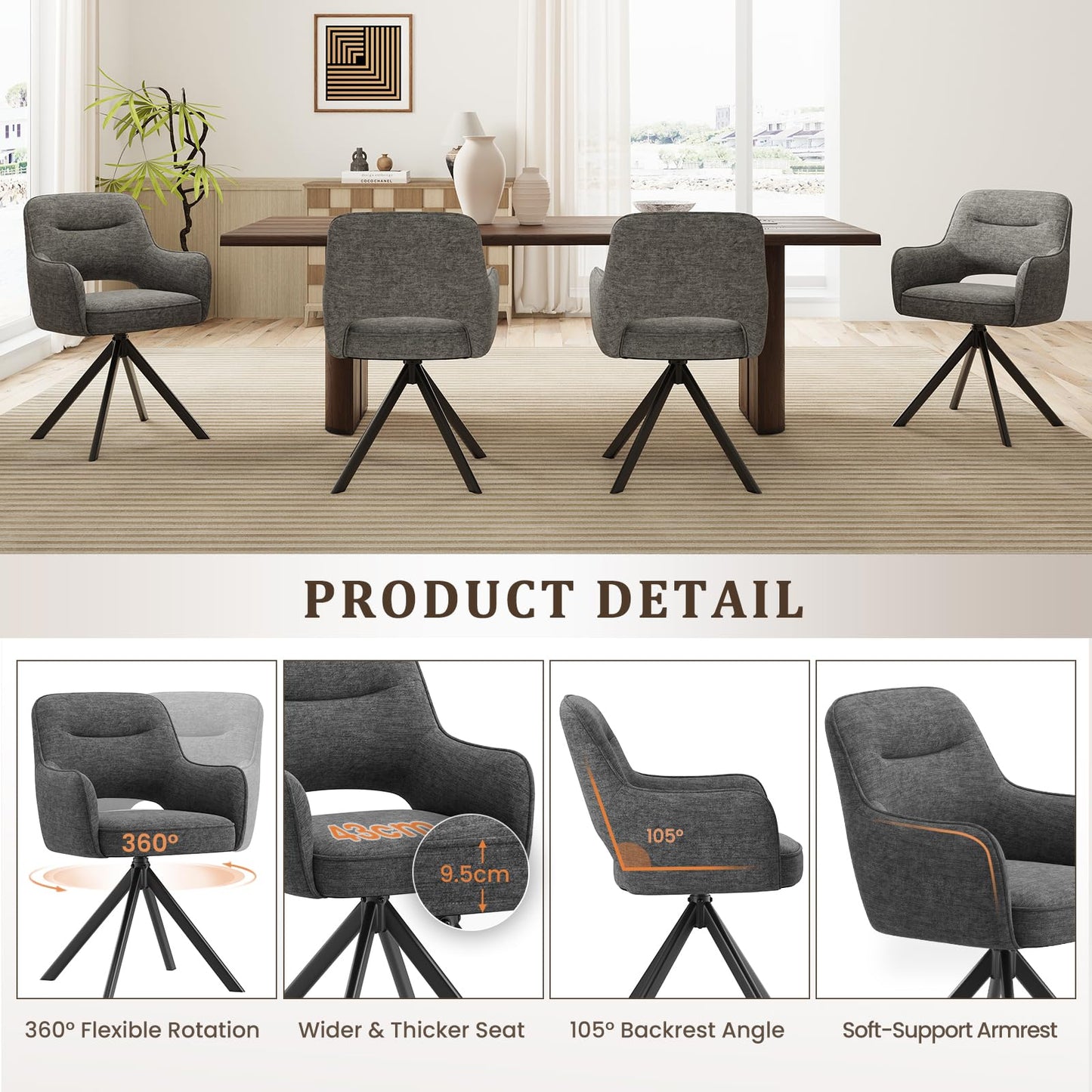 COLAMY 360°Swivel Dining Chairs Set of 4, Fabric Chairs for Dining Room with Armrests, Hollow Backrest and Thick Seat Cushion