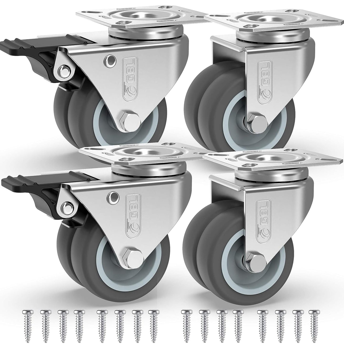 GBL Heavy Duty Castor Wheels - Set of 4 50mm (2") Castors - Rubber Swivel Trolley Wheels for Furniture - Lockable Caster With Brakes - Outdoor Casters