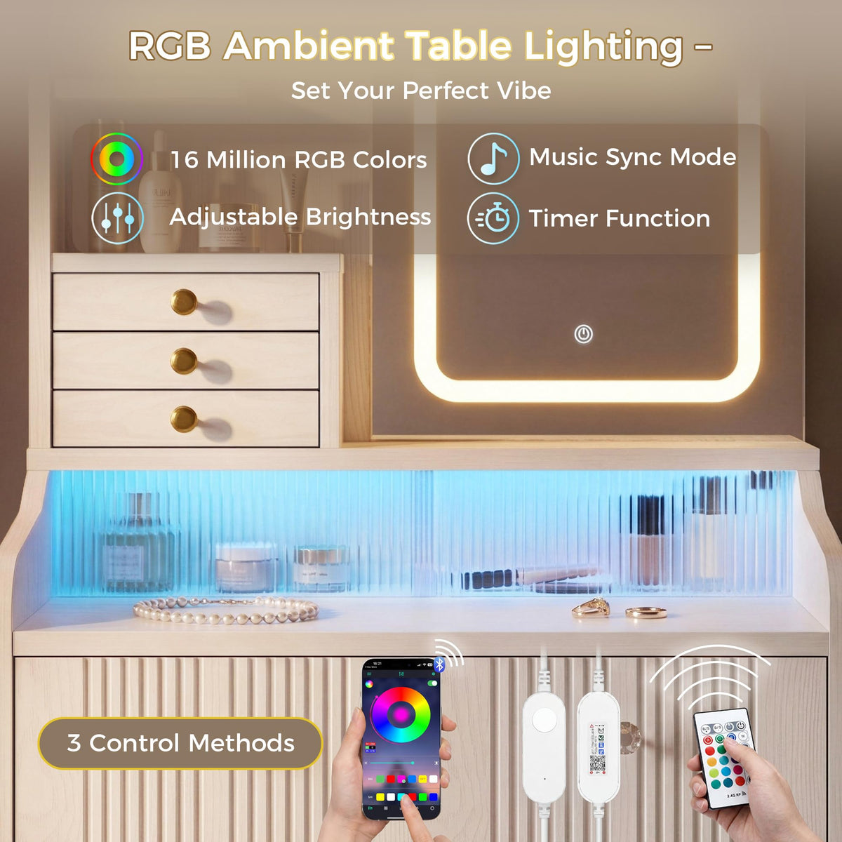 IRONCK Dressing Table with LED Mirror & RGB Lights, Makeup Vanity with Sliding Door Hidden Storage, Power Outlet, Hairdryer Holder