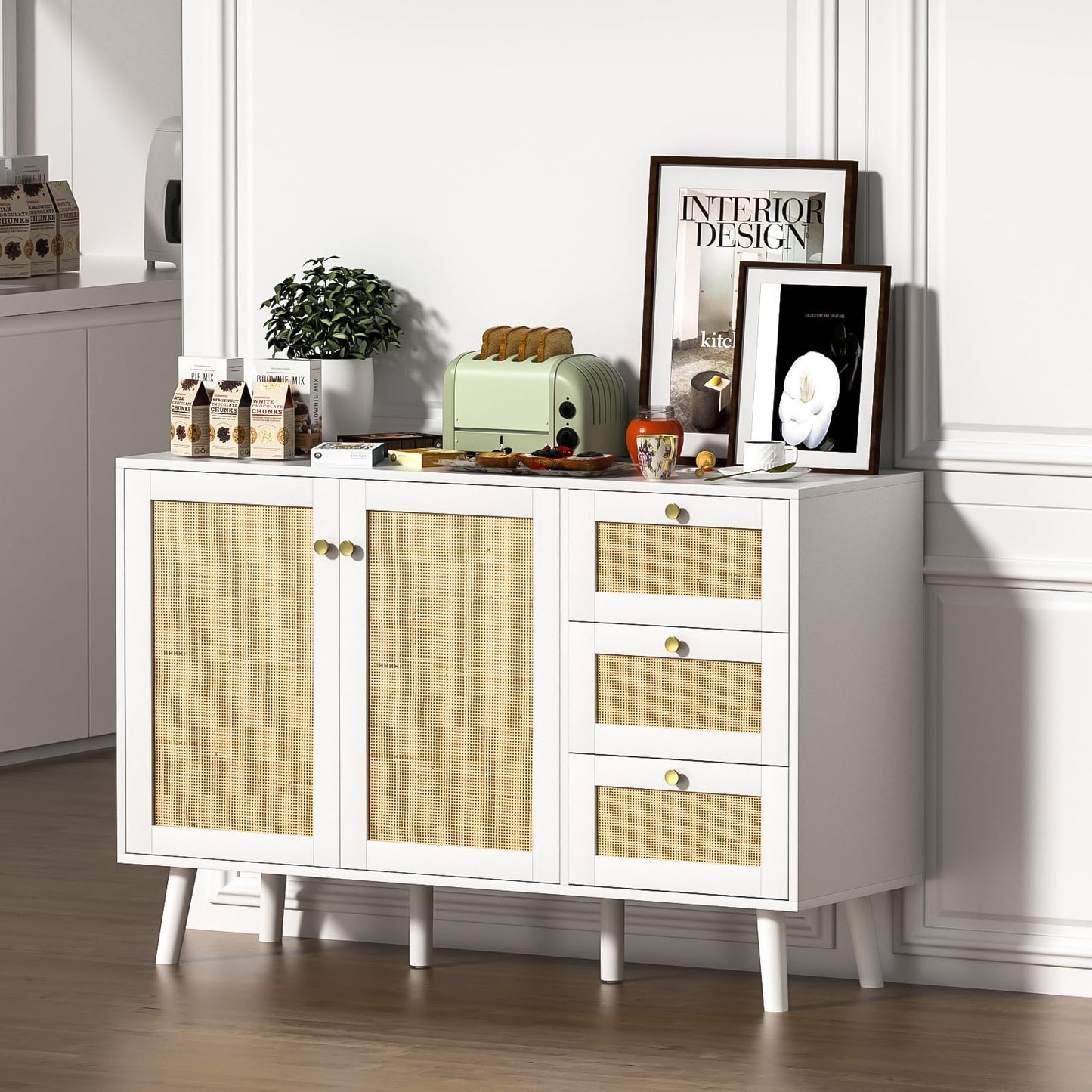 Skokliz Rattan Sideboard, Modern Storage Cabinet with 3 Drawers, Buffet Cabinet with 2 Doors and Adjustable Shelves