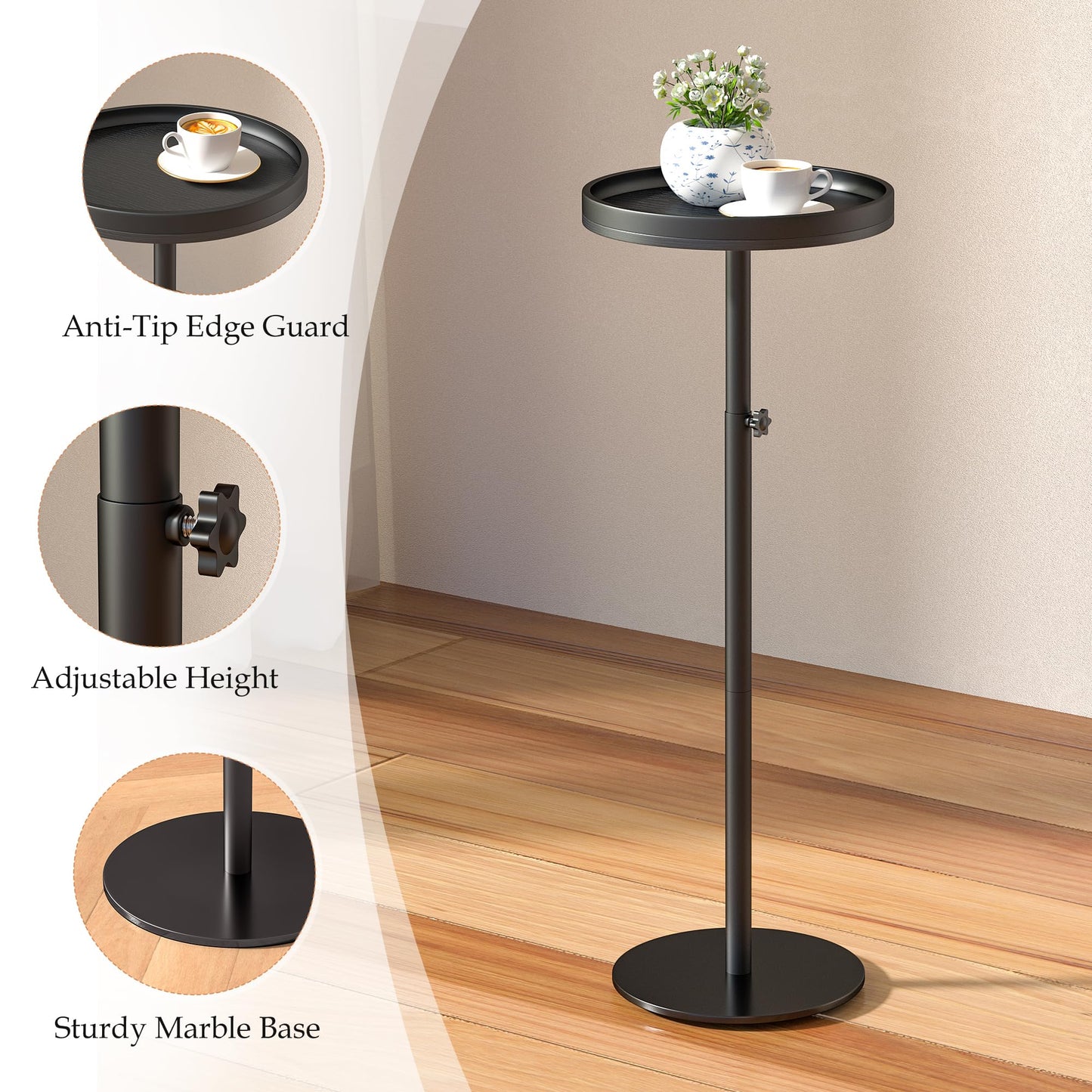 KEENSUNI Round Side Table,Small Round Coffee Table,End Table with Marble Pedestal Side Table for Small Space, Living Room,Bedroom,Sofa Couch (Black)
