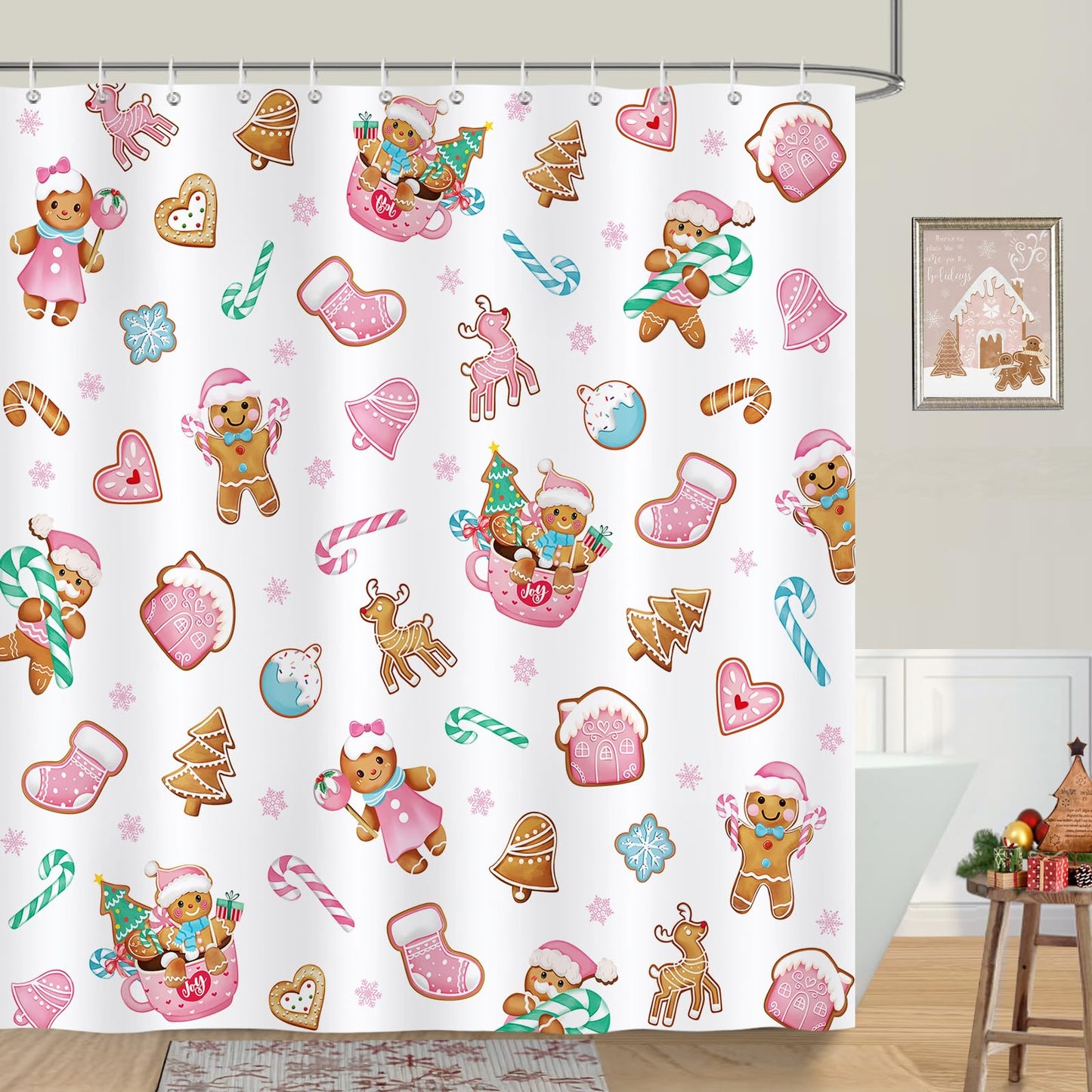 Bonhause Christmas Gingerbread Man Shower Curtain, Cute Pink Xmas Tree Candy Cane Bathroom Curtain 180 x 180 cm Waterproof Mildew and Mould Resistant