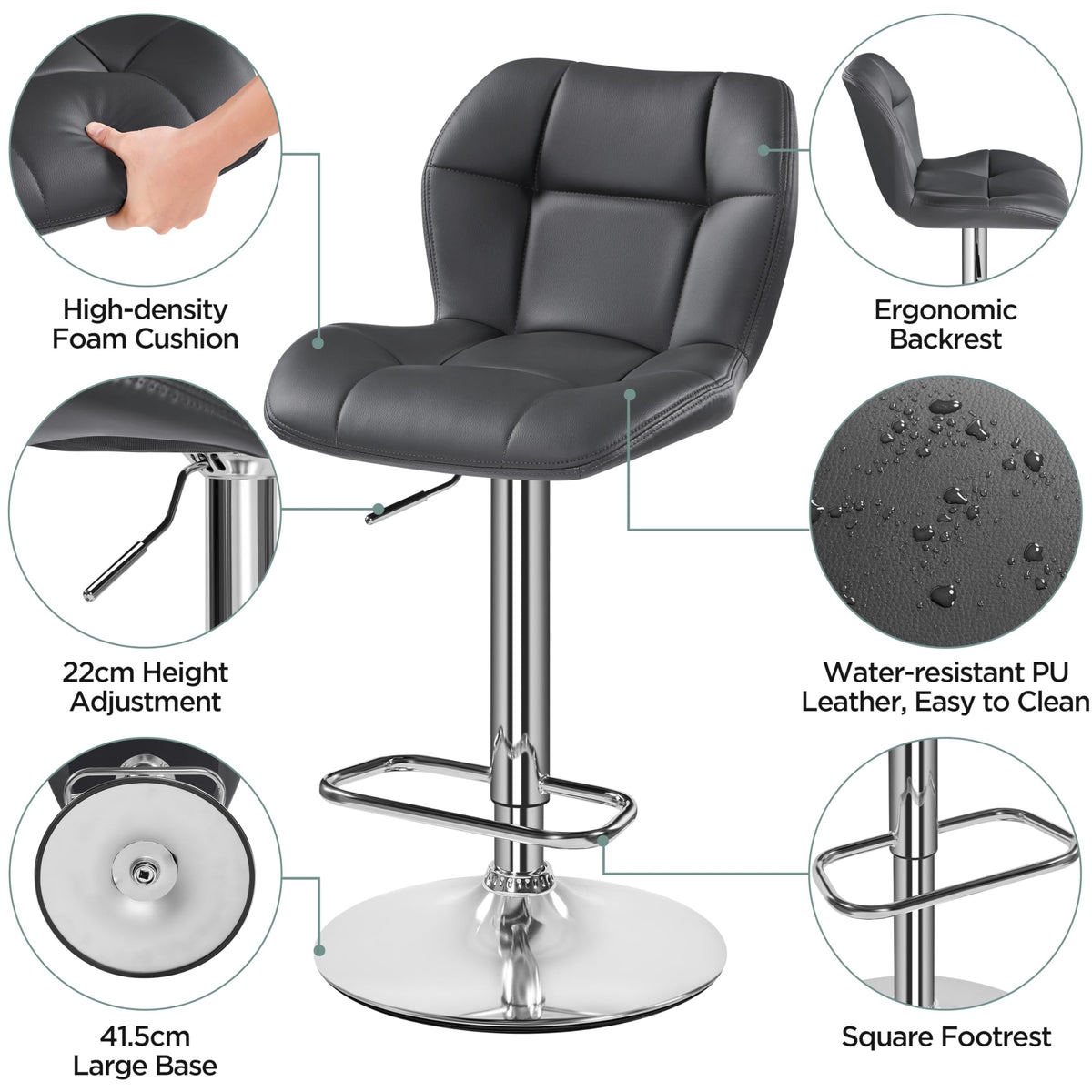 Yaheetech Set of 2 Adjustable Swivel Bar Stools w/Backrest, Grey