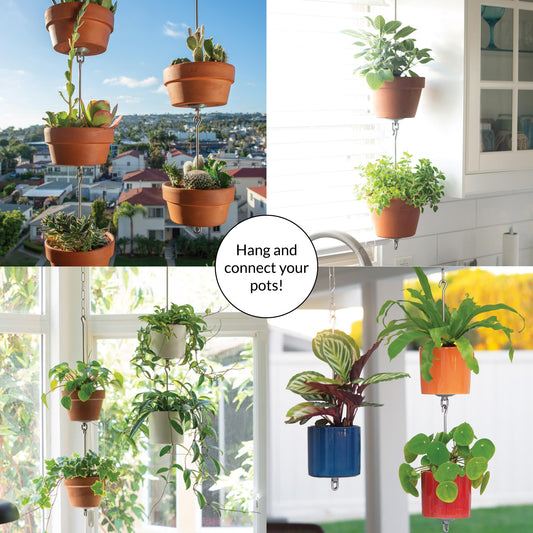 SkyPots ? Two Pack, Pot Hanger Kits + Accessories - Hang and Connect Your Clay Pots, Stainless Steel - Indoor/Outdoor - Connectable Hanging Planter