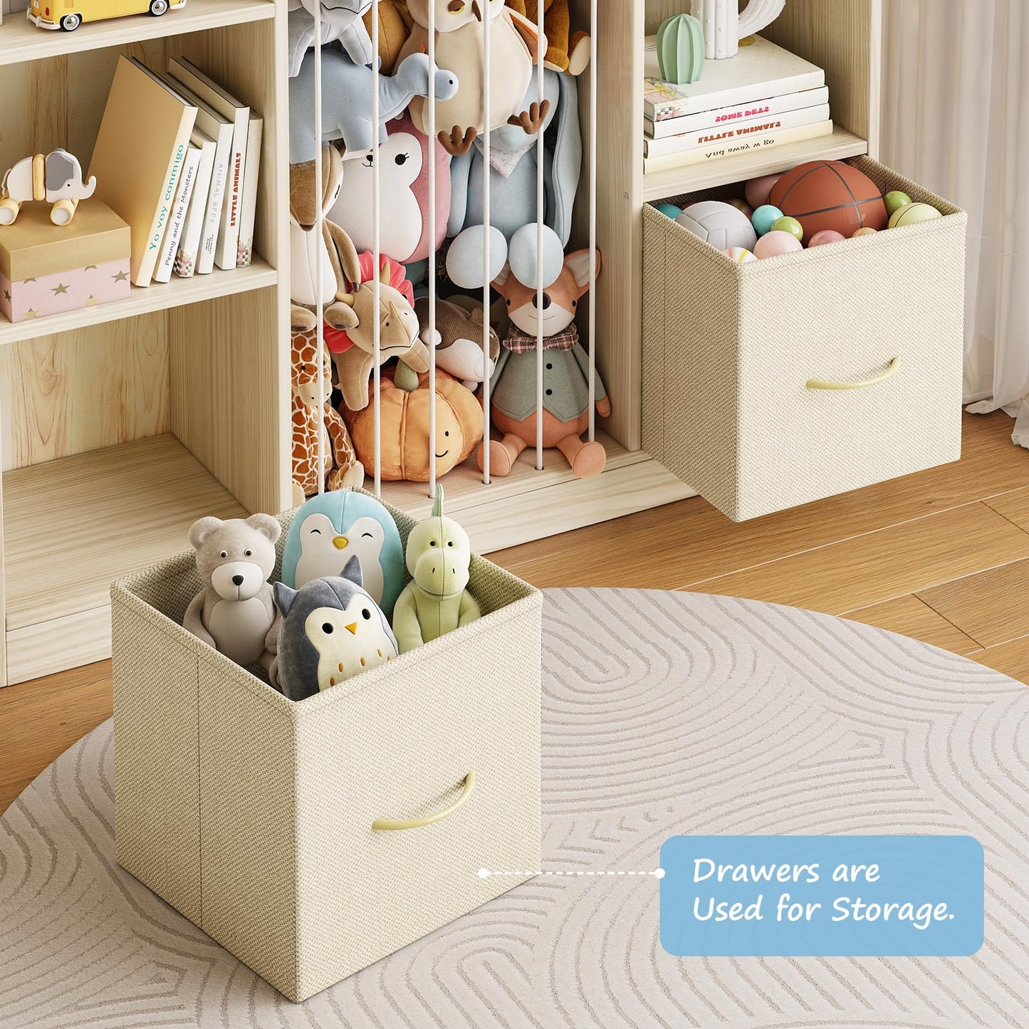 EXPERLAM Toy Storage Organizer with Stuffed Animal Storage, Wooden Toy Organizer & Stuffed Animal Zoo, 6 Cubes Shelf with Removable Drawers