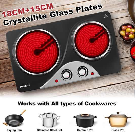 CUSIMAX Electric Hobs, 2100W Electric Hot Plates for Cooking Infrared Double Hot Plate, Portable Electric Hob with Temperature Control & Crystallite