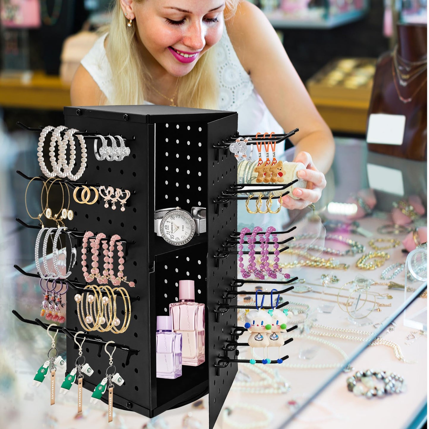 360° Rotating Peg Board Display Stand with 60 Hooks, Jewelry Stand (Black)