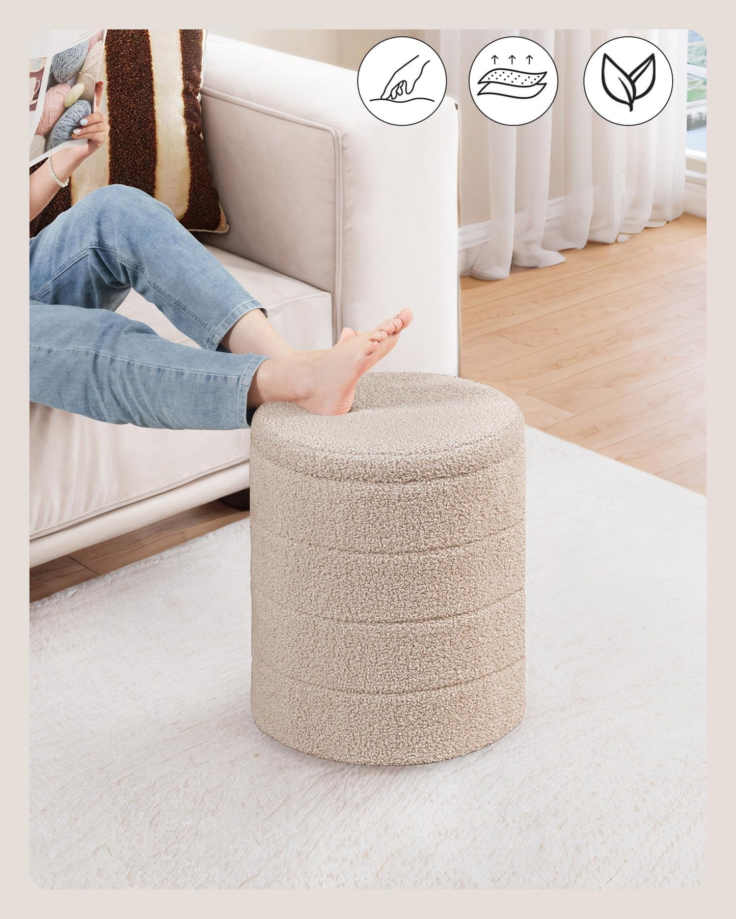 PINPLUS Round Ottoman Storage, Convertible Table, Beige, 37x37x45 cm