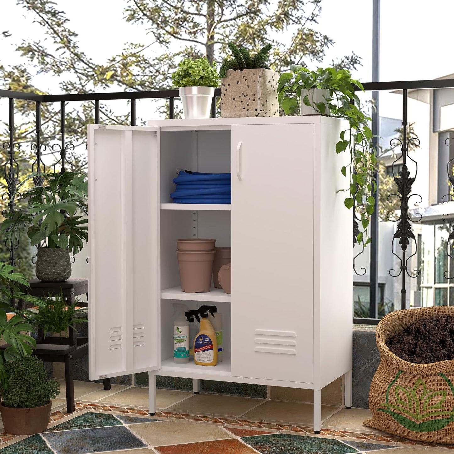 GREATMEET Metal Locker Storage Cabinet, White Accent Storage Cabinet, Metal Pantry Cabinets with Doors,Locker for Living Room,Kitchen,Office