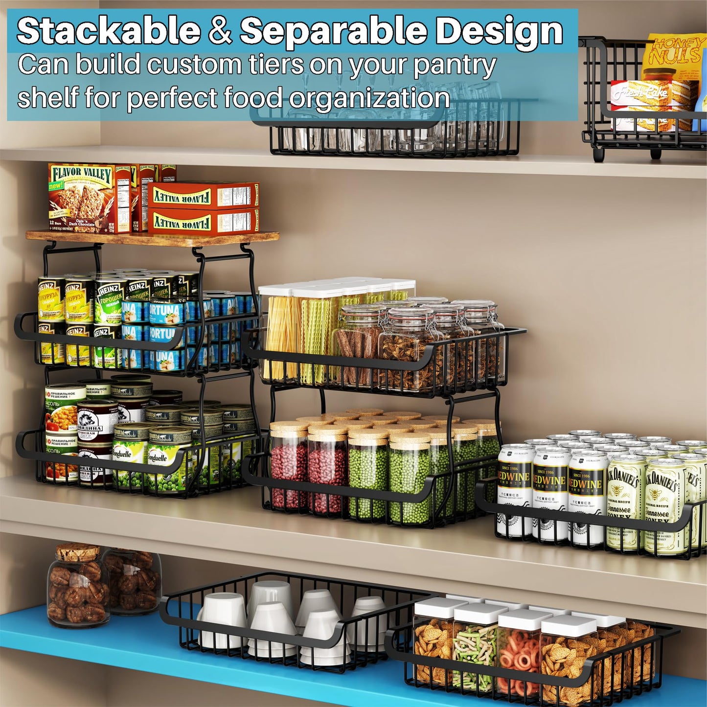 4 Tier Pantry Organisers and Storage Cart with Rolling Wheels, Stackable Metal Baskets for Pantry Shelves