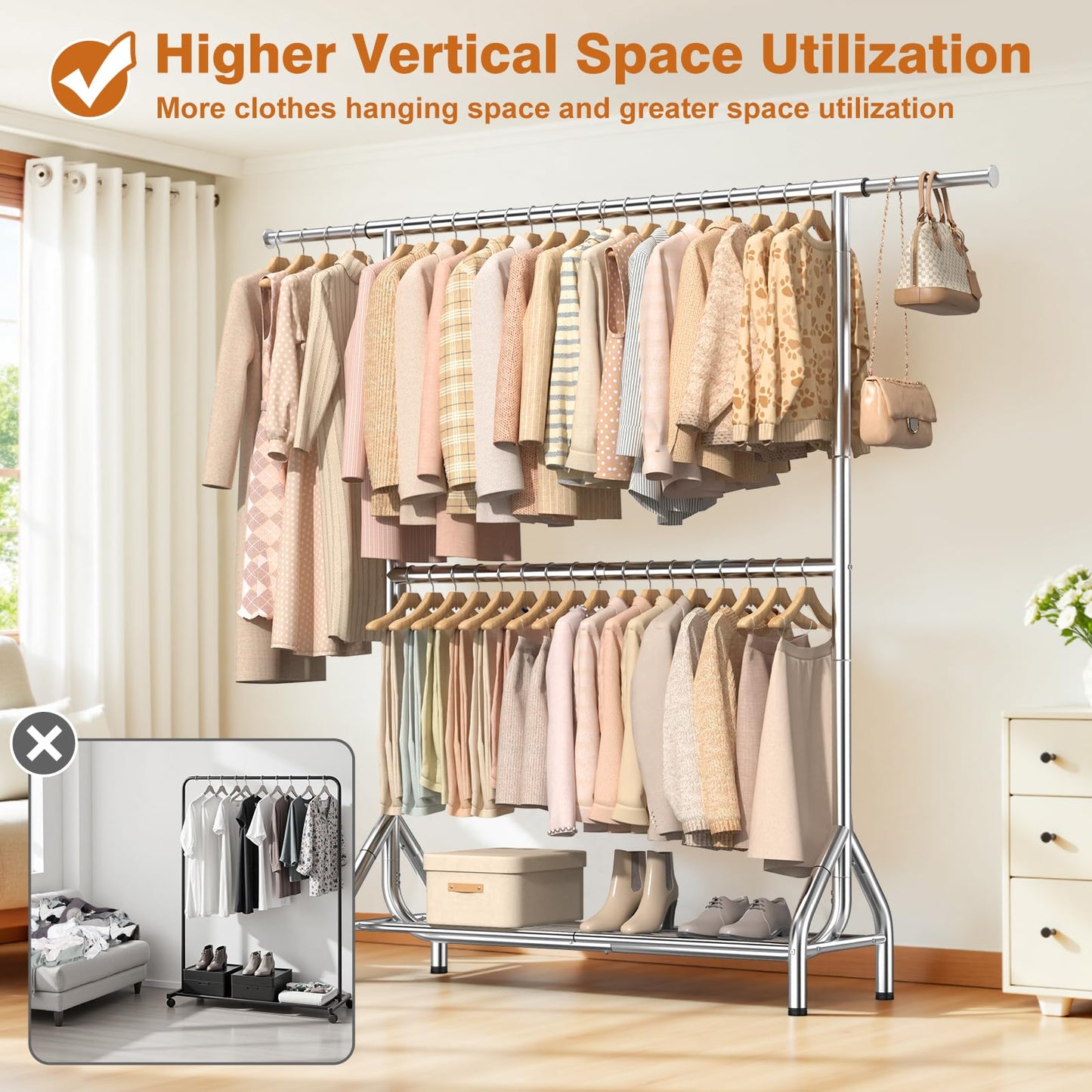 EAGMAK Double Clothes Rail Heavy Duty Load 280 KG, with Shelves, Silver