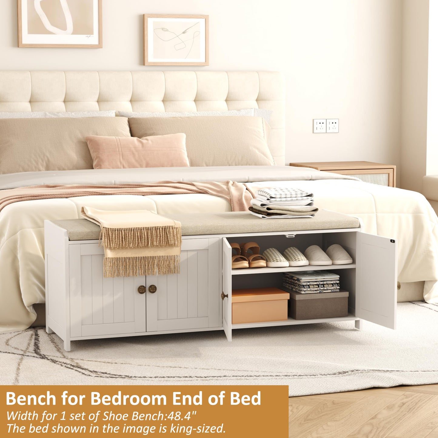 HOME BI Shoe Storage Bench with Cushion, 4 Door Entryway Bench with Padded Seat, 2-Tier Shoe Organizer with Adjustable Shelves