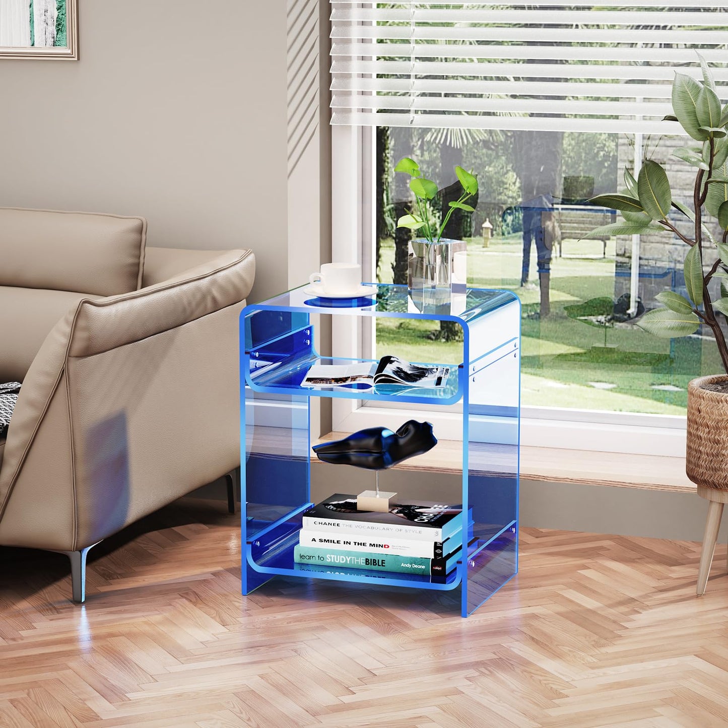 Acrylic End Table with Storage Shelf, Clear Side Table, Record Player Table, Nightstand, 15.7x19.7x11.8 (Blue, 40×30×50 cm)
