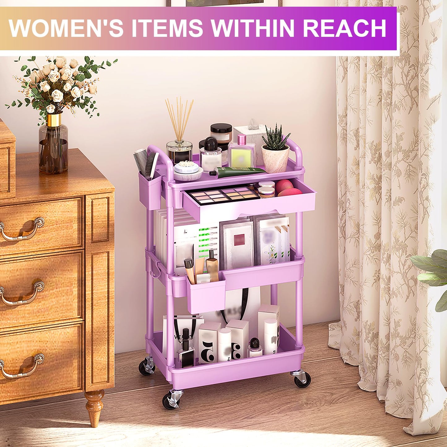 Yeabett 3 Tier Storage Trolley with Drawer, Utility Cart with Plastic Shelf & Lockable Wheels Multifunctional Storage Cart for Kitchen, Bathroom