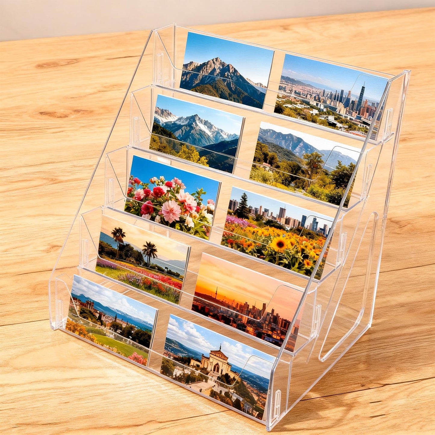 lasuroa 5-Tier Greeting Cards Display Stand, 30cm/11.8in Clear Tiered Trading Cards Holder, Multi-Purpose Organizer Rack for Postcards, Stickers