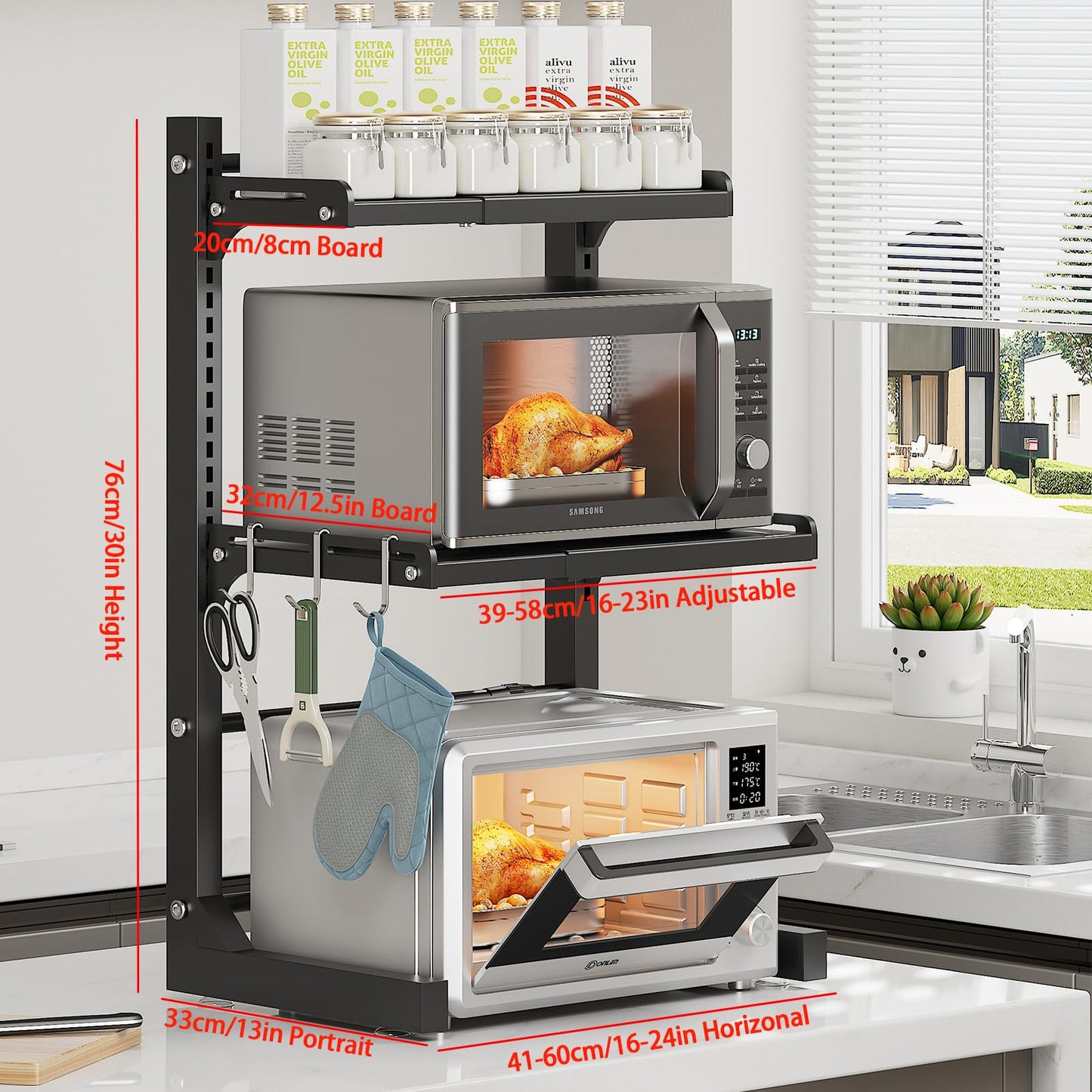 ABCOOL Retractable Adjustable 2 Axial Kitchen Baker Microwave Oven Rack, 2 Tier Expandable and Height Adjustable Carbon Steel Shelf Counter
