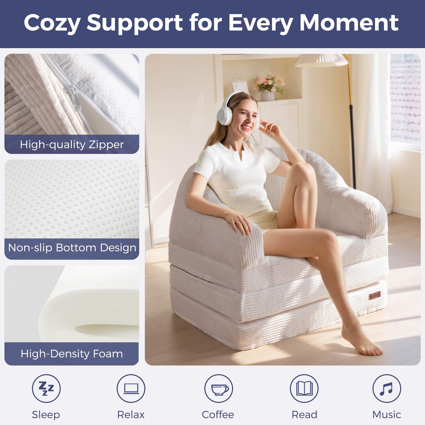 MAXYOYO Folding Sofa Bed with Backrest, Boneless Fold Out Couch Bed with Handle, 2 in 1 Convertible Bean Bag Chair to Floor Sofa Lounger