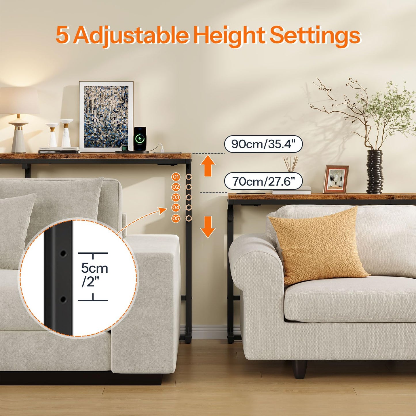 HOOBRO 160 cm Slim Console Table with Charging Station, Height Adjustable
