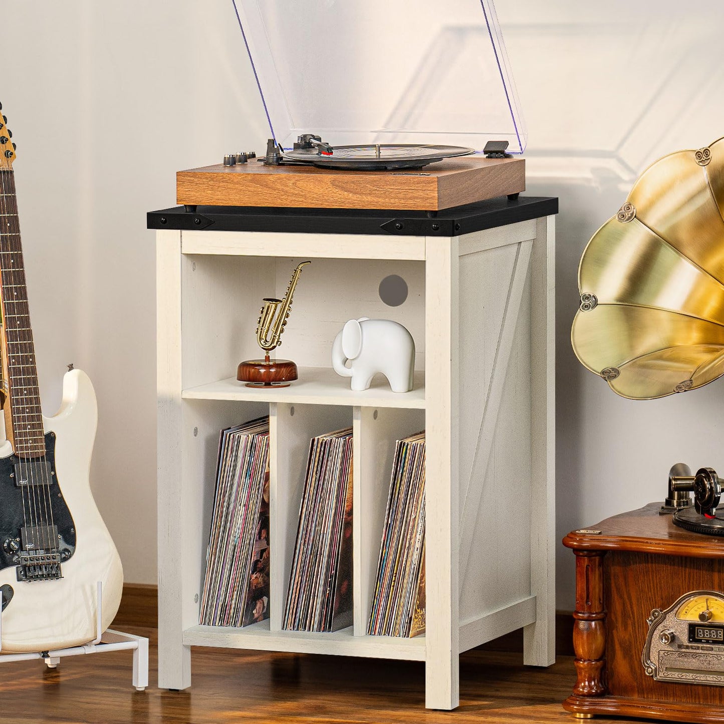 LELELINKY Record Player Stand with Vinyl Record Storage, White