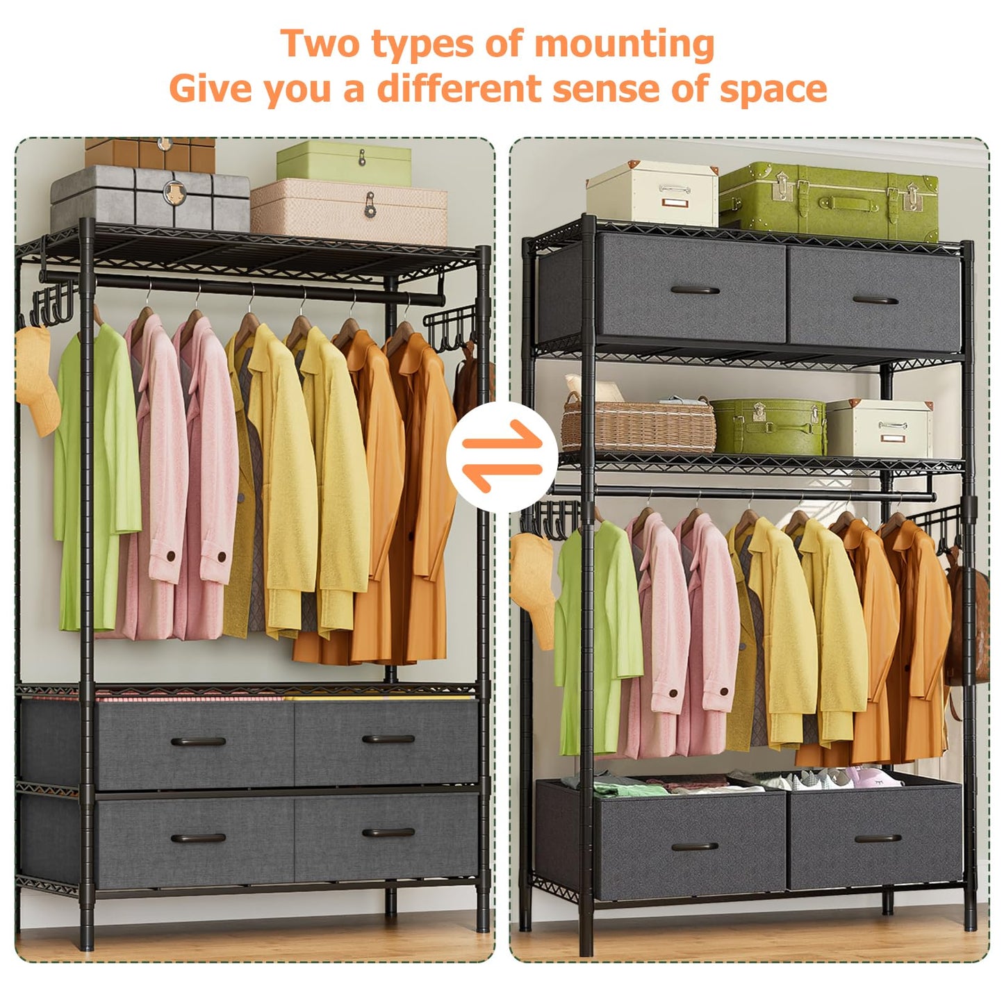 FTEYUET Clothes Rail Heavy Duty for Hanging Clothes with 4 Fabric Drawers