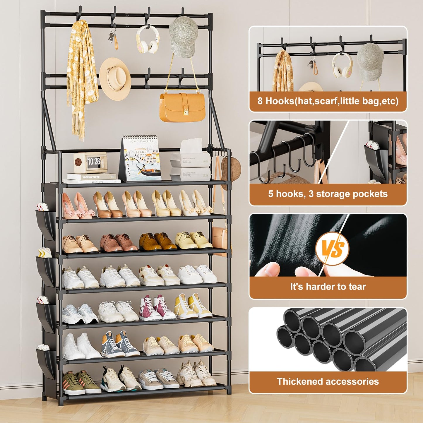 OYREL 7 Tier Shoe Rack with 8 Hooks & 4 Side Pockets for 28-35 Pairs Shoes