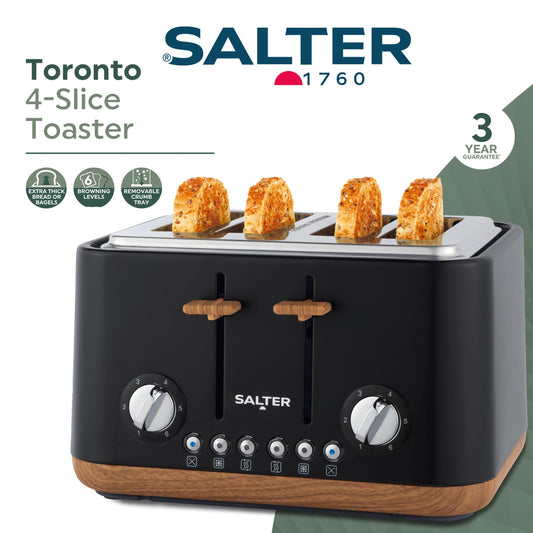 Salter EK5823BLK Toronto 4-Slice Toaster Wide Slots, 6 Browning Levels, Removable Crumb Tray, Defrost, Reheat, Cancel, Self-Centring Function,