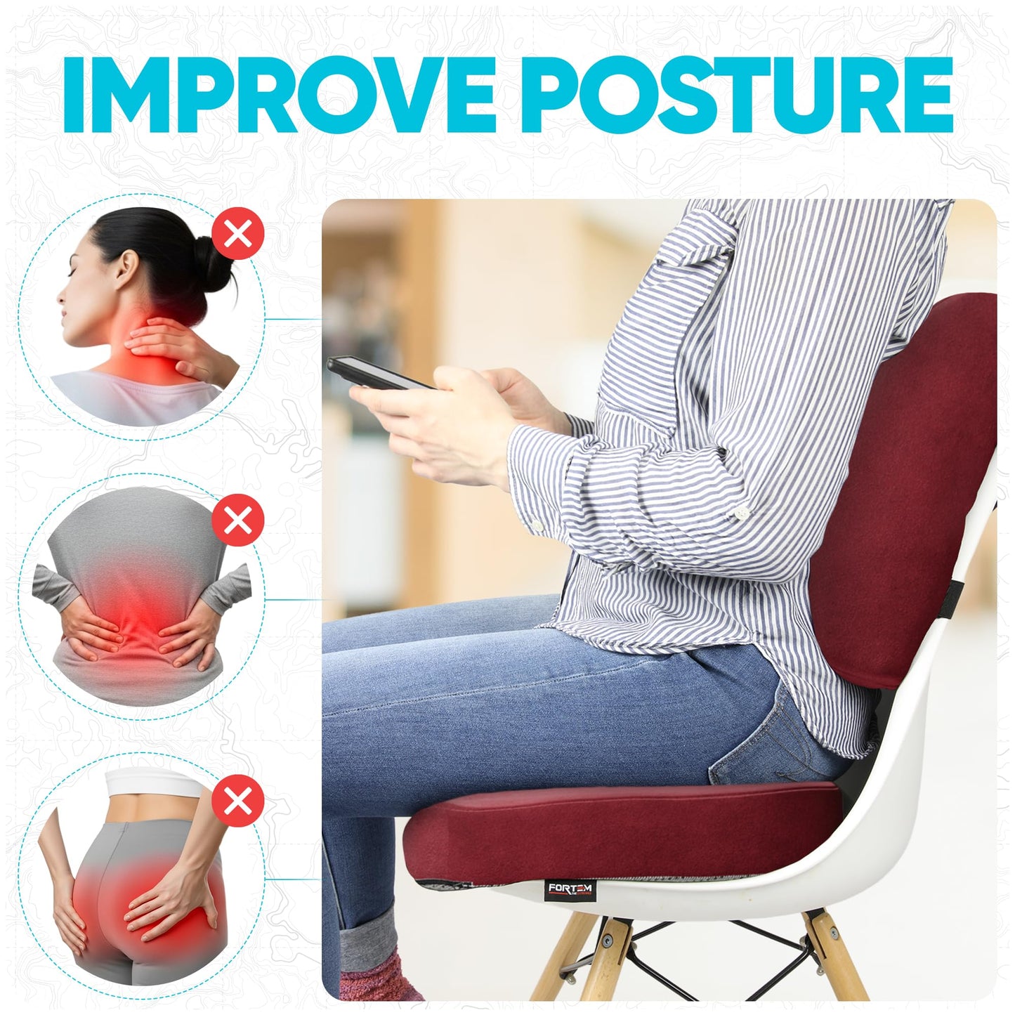 FORTEM Seat Cushion & Lumbar Support for Office Chair, Car Seat Combo