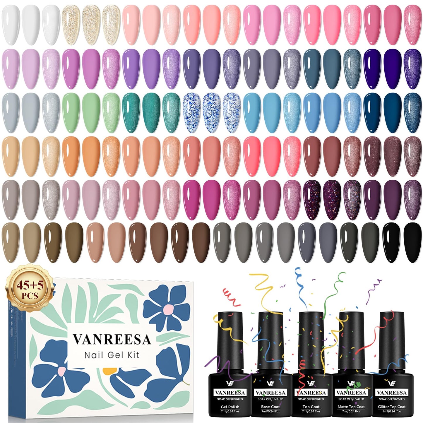 VANREESA Gel Nail Polish Set, 45 Colours Gel Polish Set with Glossy Matte Glitter Top Coat Nude Pink Red Purple Brown Soak Off U V Gels Polish Kit