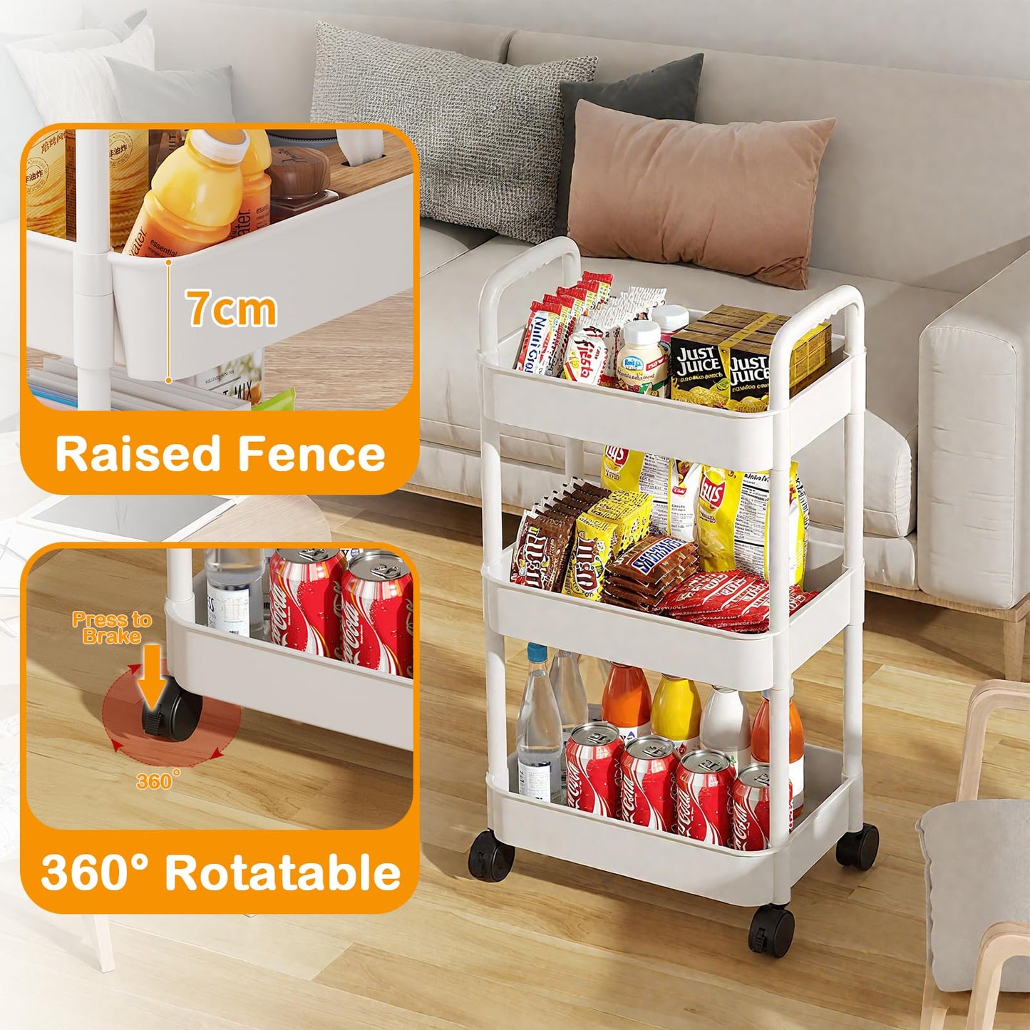 Eidoct Beauty Trolley on Wheels 3 Tier Storage Trolley with handle Space-Saving Beauty Trolleys Rolling Utility Cart Craft Trolleys on Wheels for