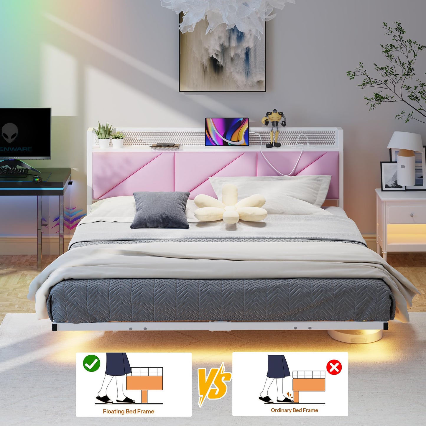 HAHRIR King Size Bed Frame with Floating Upholstered Storage Headboard,Pink