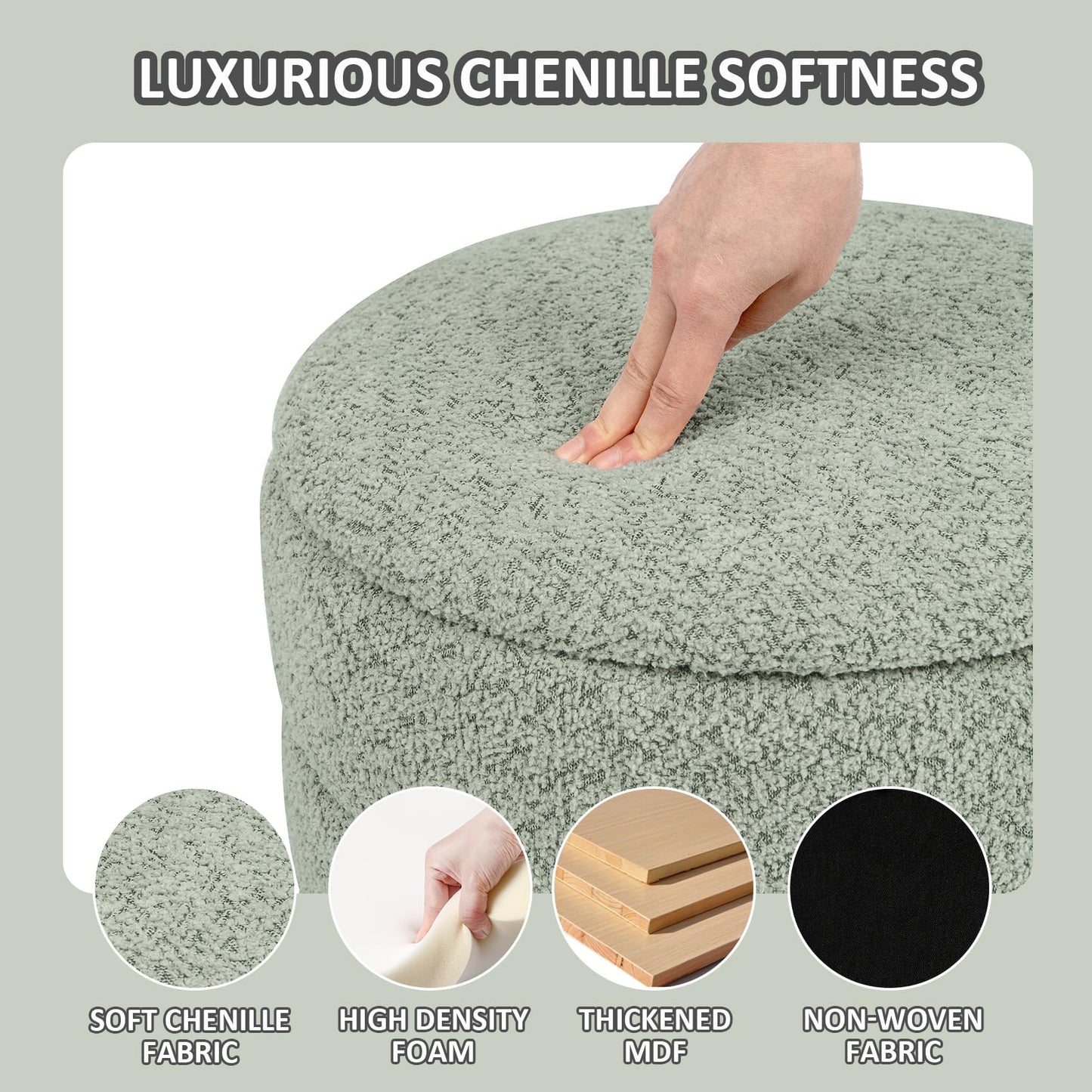 PINPLUS Round Chenille Storage Ottoman, Tray Top, 39x39x37 cm, Sage Green