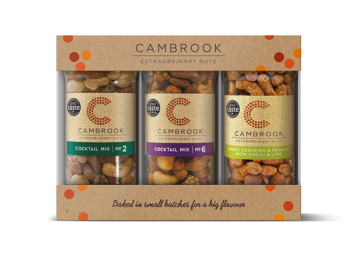 Cambrook - 3 Jar Gift Set, Includes Cocktail Mix 6, 170g, Mix 2 175g, and Baked Peanuts & Cashews with Chilli & Lime, 170g