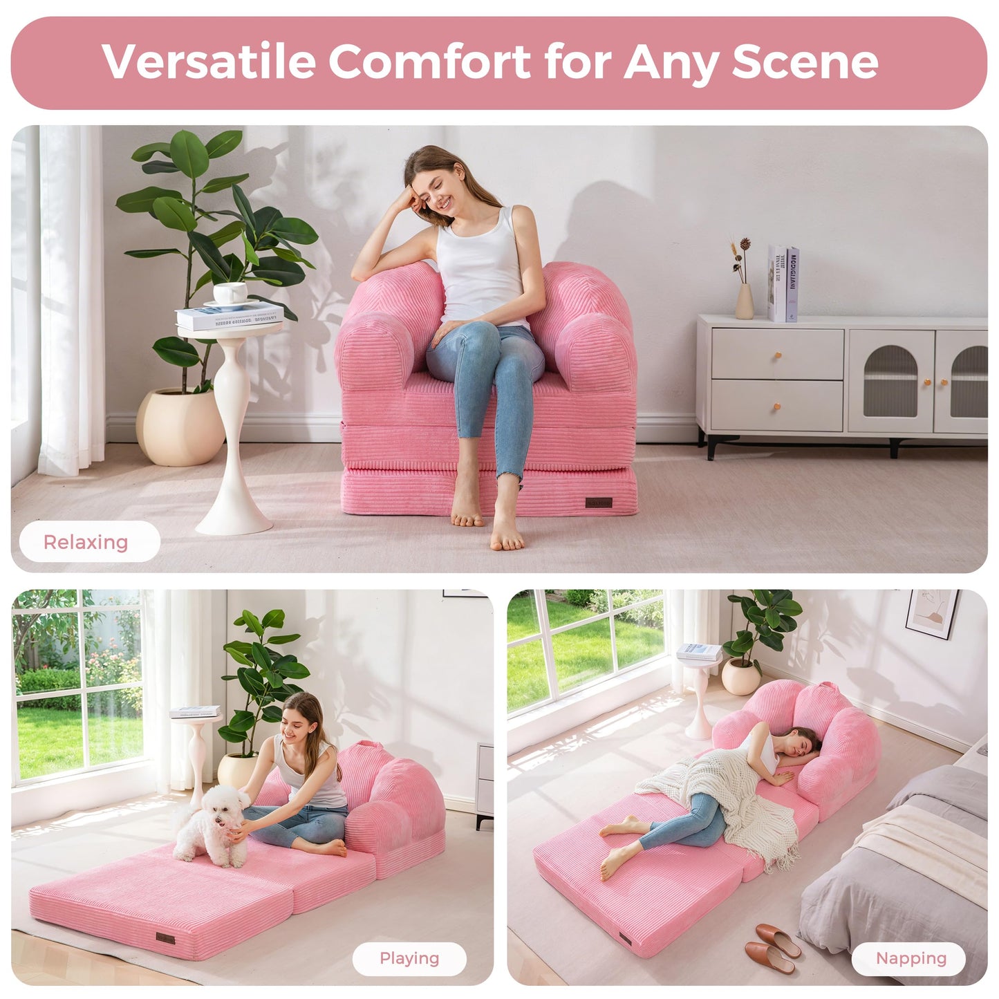 MAXYOYO Folding Sofa Bed with Backrest, Floral Shaped 2 in 1 Convertible Sofa to Comfy Faux Fur Bean Bag Chair for Adults