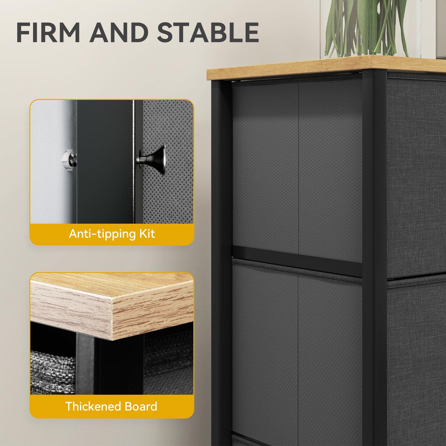 DWVO Chest of Drawers, 4 Fabric Drawers Bedroom Cabinet,Dresser for Bedroom,Living Room With Handles,Wood Top and Sturdy Steel Frame, Dark Grey