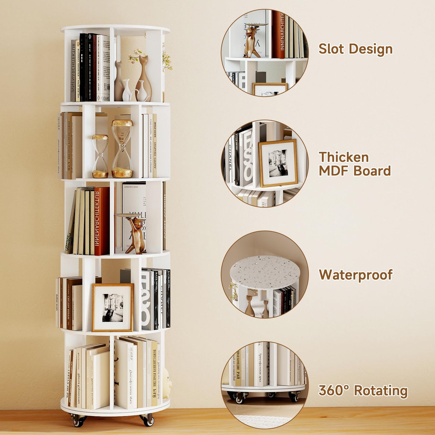 Turosur 5-Tier Rotating Bookshelf, 360° Revolving Bookcase Floor Standing