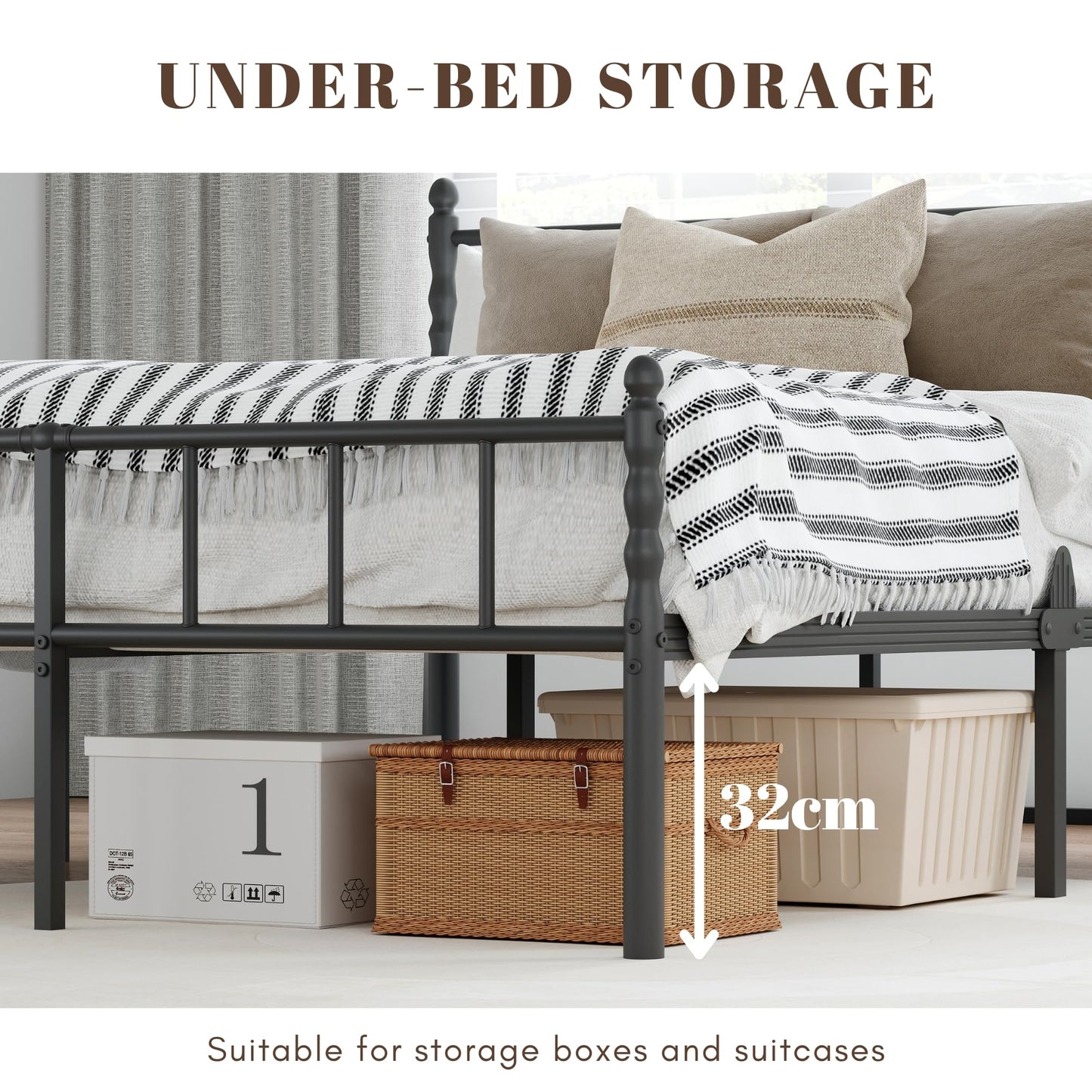 Hunlostten Single Metal Bed Frame - Modern Style Bed Frame with Headboard and Footboard Easy to Install, Noise Free, Sturdy, Black, 35.5 cm High