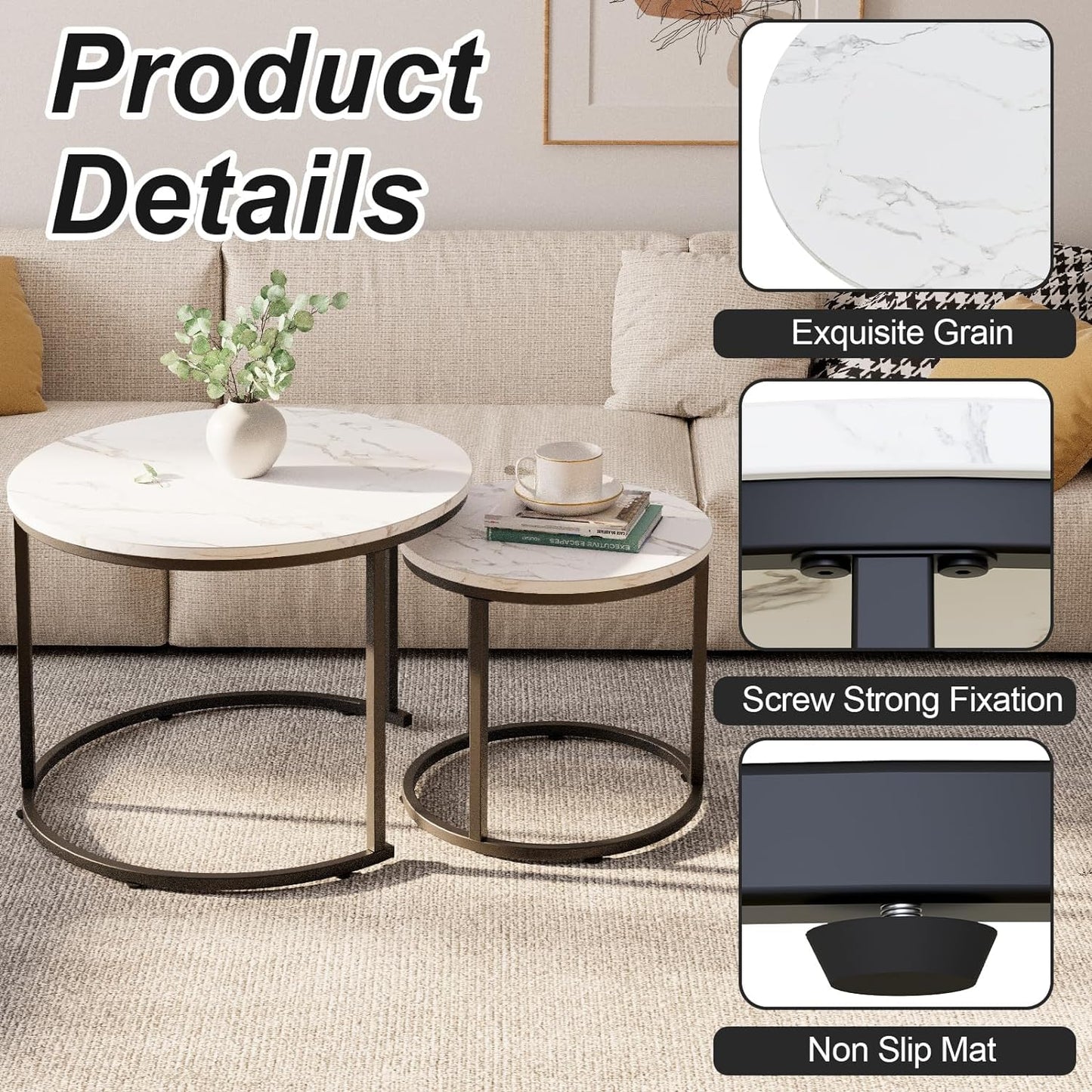 Garden 4 you Coffee Table,Round Nest of Tables Set of 2 for Living Room,Marble Center Tea Table with Metal Frame,End Side table for Small