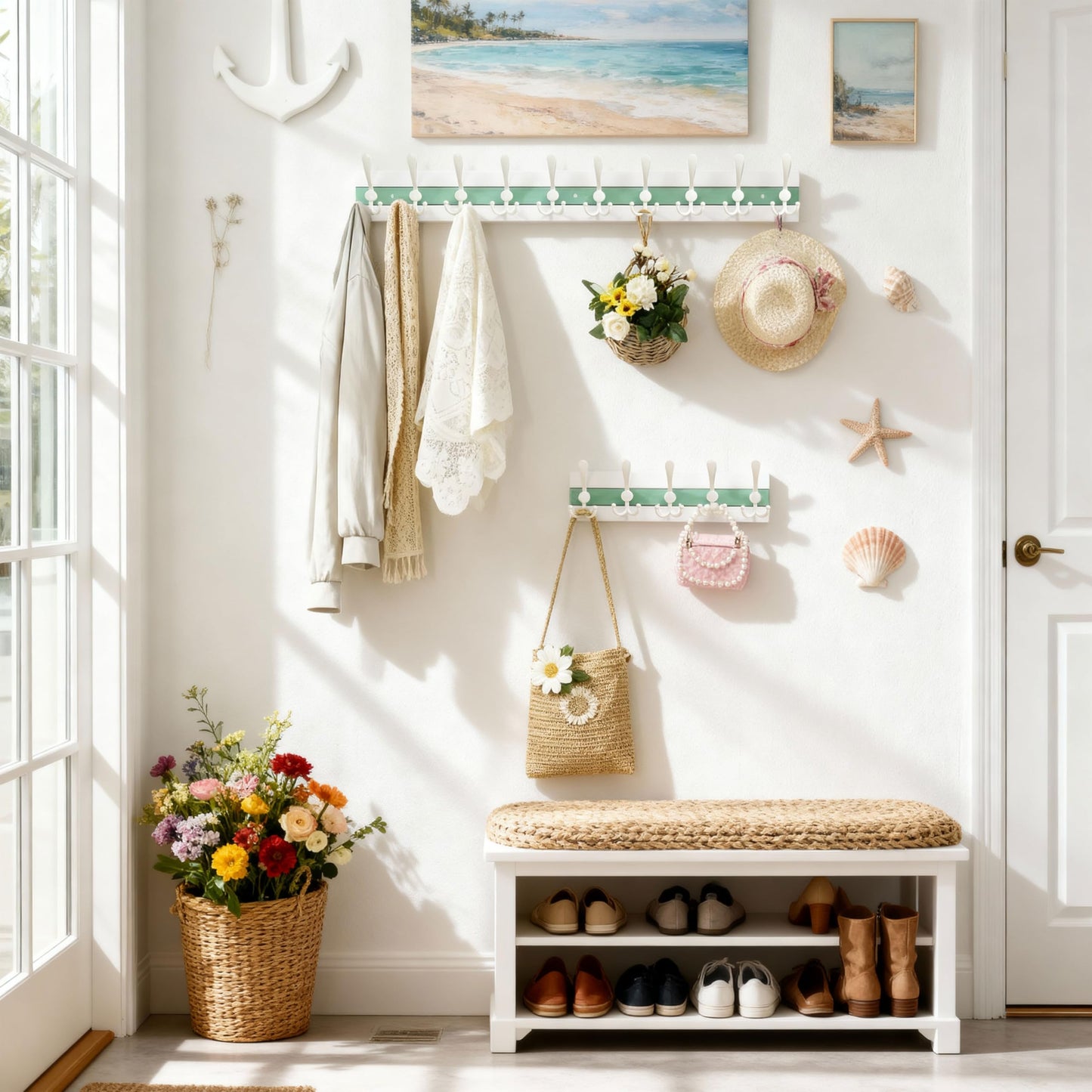 SKOLOO Coastal Wall Mounted Coat Rack - 16-7/8" Beach House Entryway Wooden Coat Hook with 5 Hooks for Hanging Coats, Hats or Towels