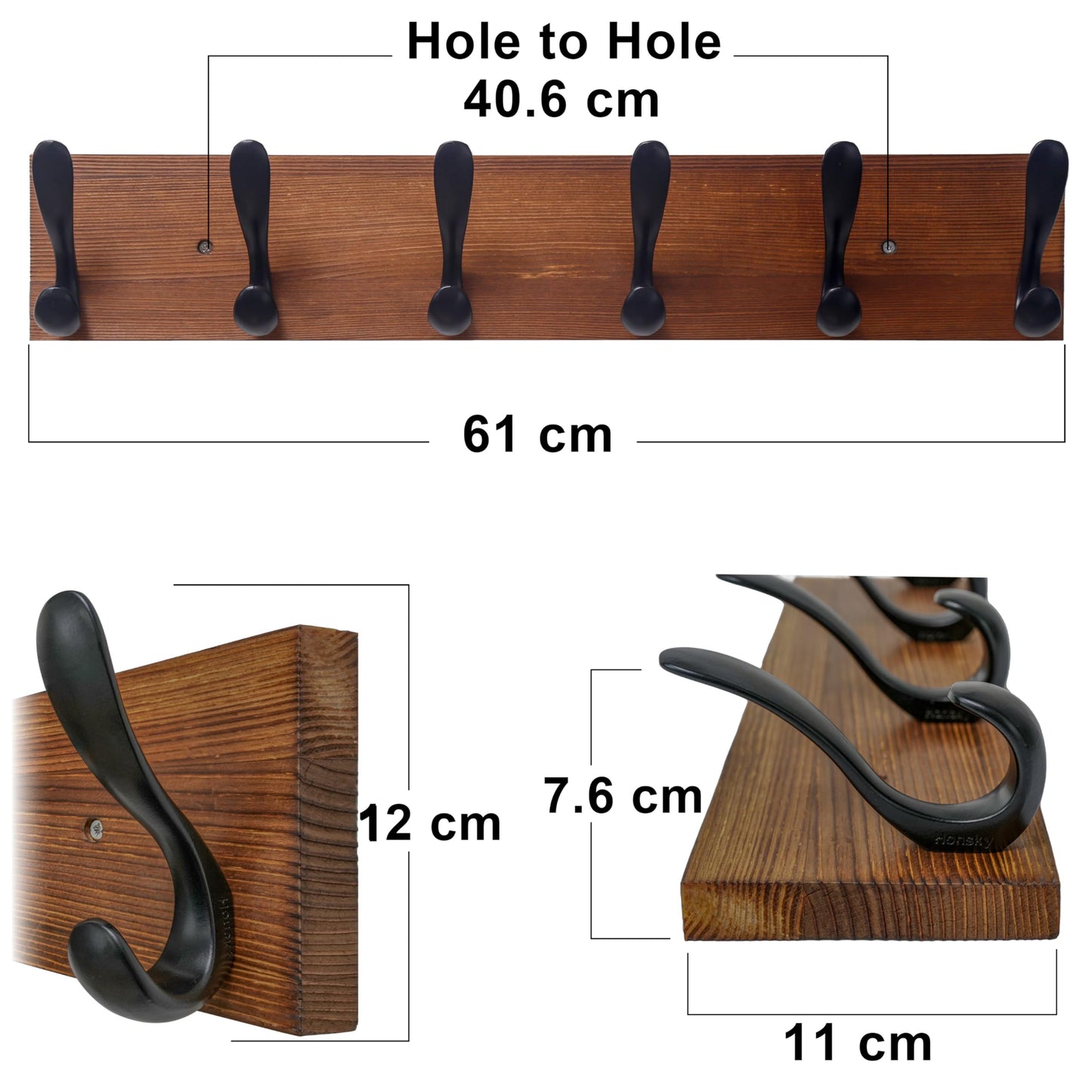 HONSKY Coat Rack Wall Mounted,61cm Long,Brown Wooden Base, 6 Double Hooks,Large Wall Coat Rack,Coat Hanger Wall Mounted,Wooden Coat Rack,Brown/Black
