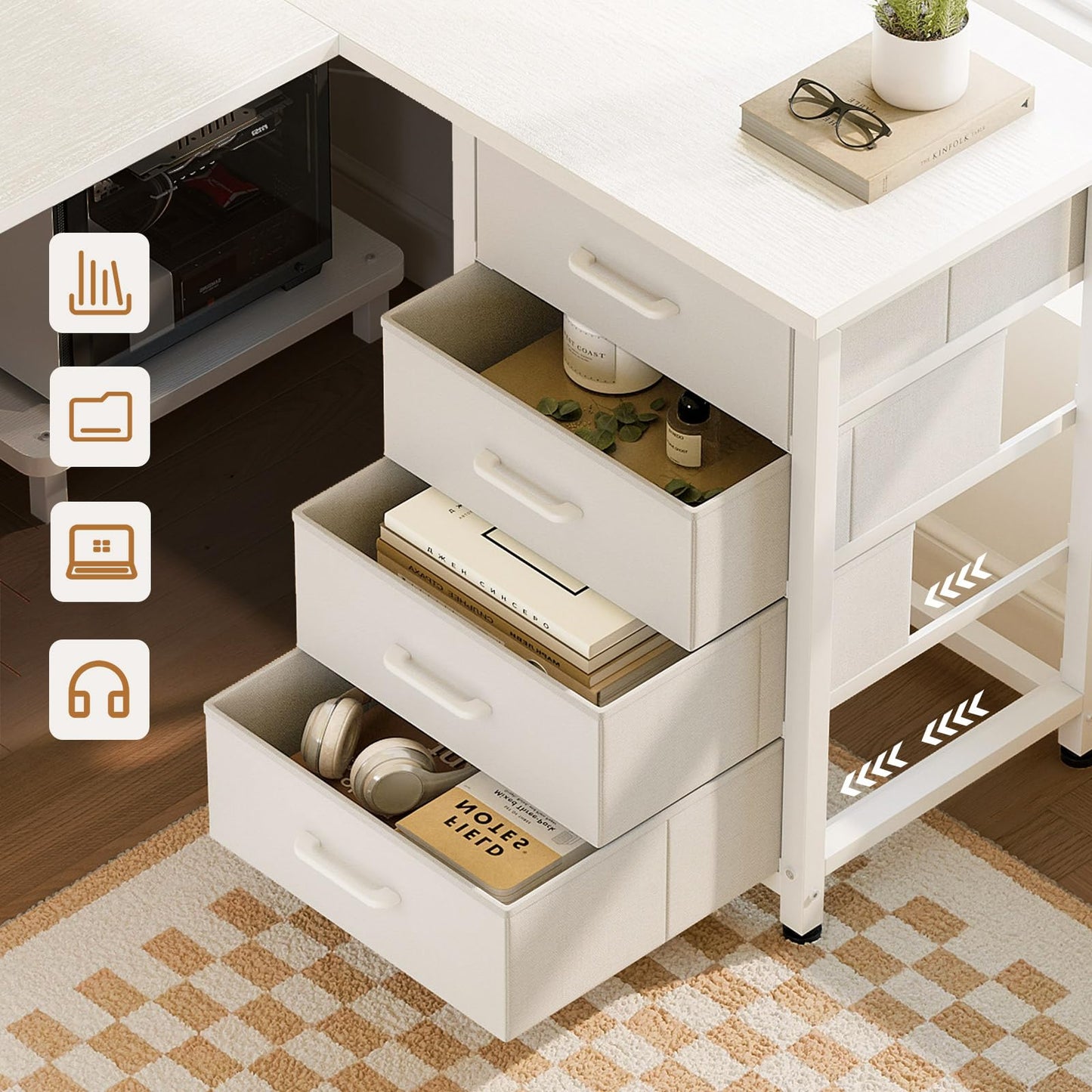 ODK Corner Desk with Drawers, 135 × 100 cm, L-Shaped Desk, White