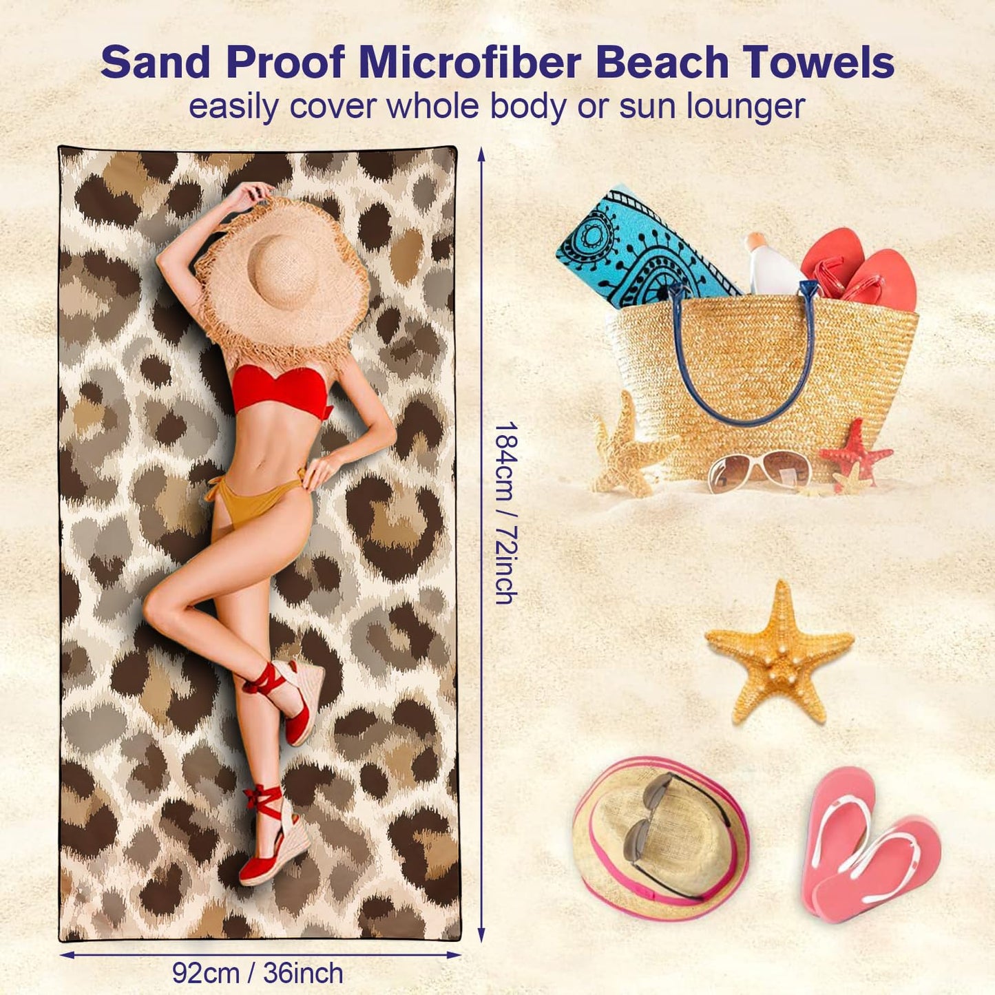 Violetpos Neutral Leopard Print Beach Towel, Extra Large 180x90 cm 250GSM Microfibre, Sand Free Quick Dry