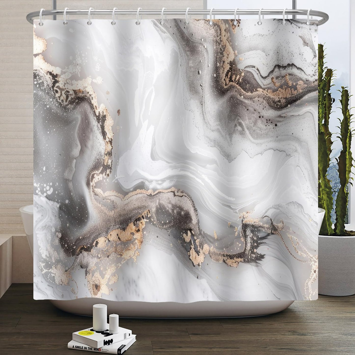 Kzzfqxb 180x200cm Shower Curtains with Plastic Hooks, Waterproof Occluded Grey Golden Marble Texture Milky Waterflow Wave Sandflow Modern Pattern for